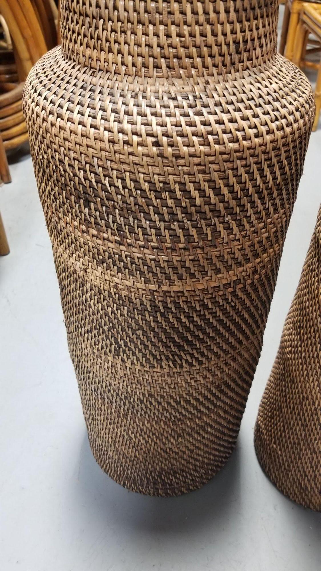 Restored Reed Rattan Wicker Decorative Vases Gabriella Crespi Styled - Pair of 2 For Sale 1