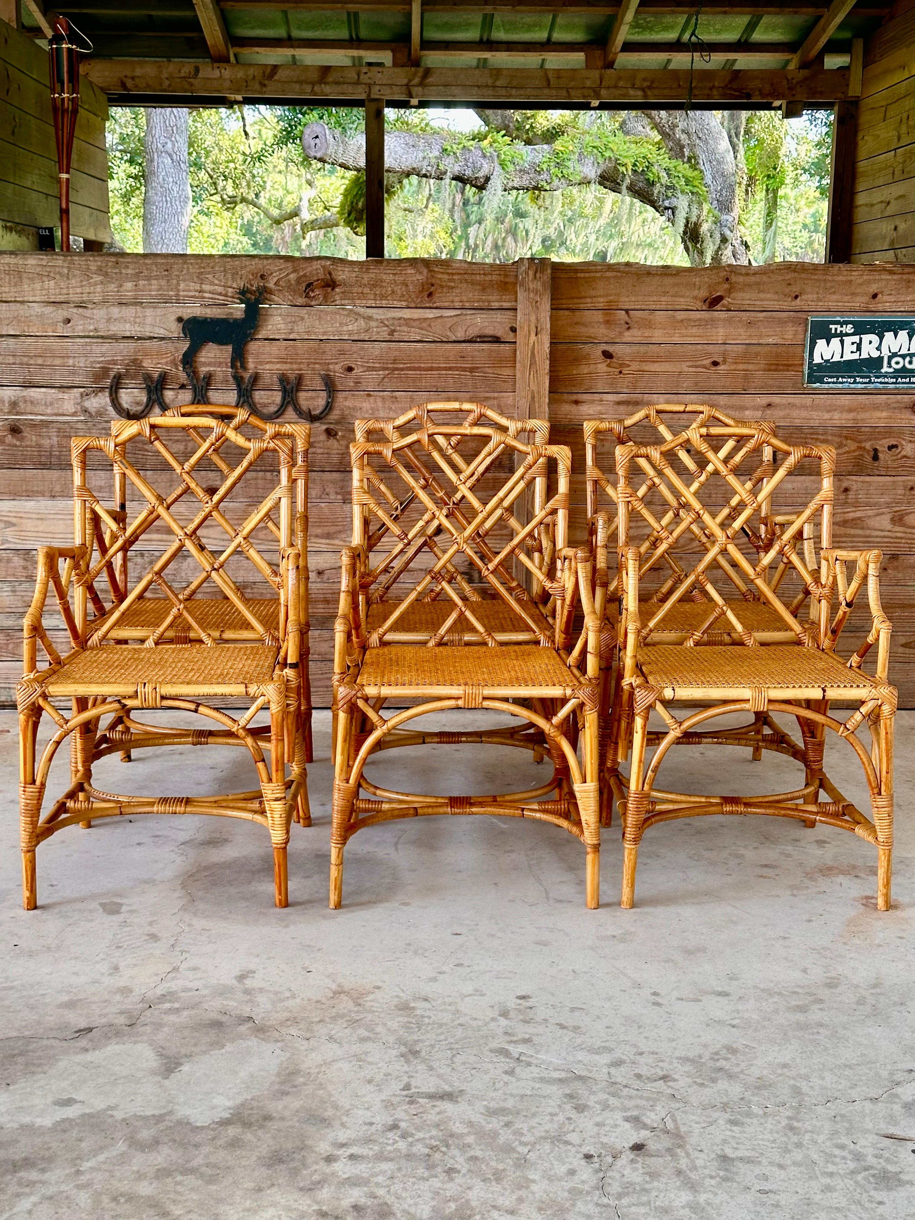 Restored Refinished Italian Rattan Chippendale Arm Six Dining Chairs 4