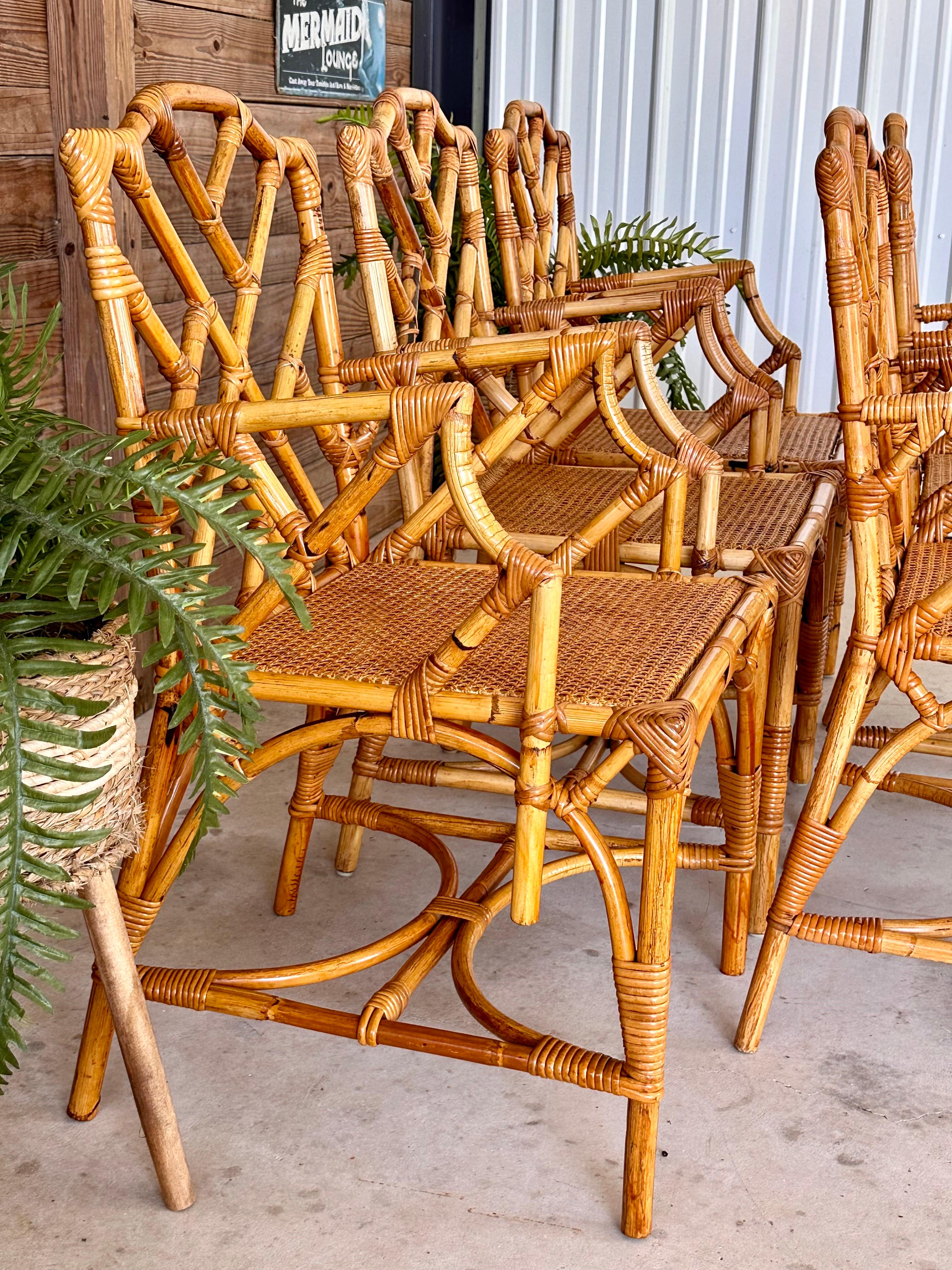 Restored Refinished Italian Rattan Chippendale Arm Six Dining Chairs 5