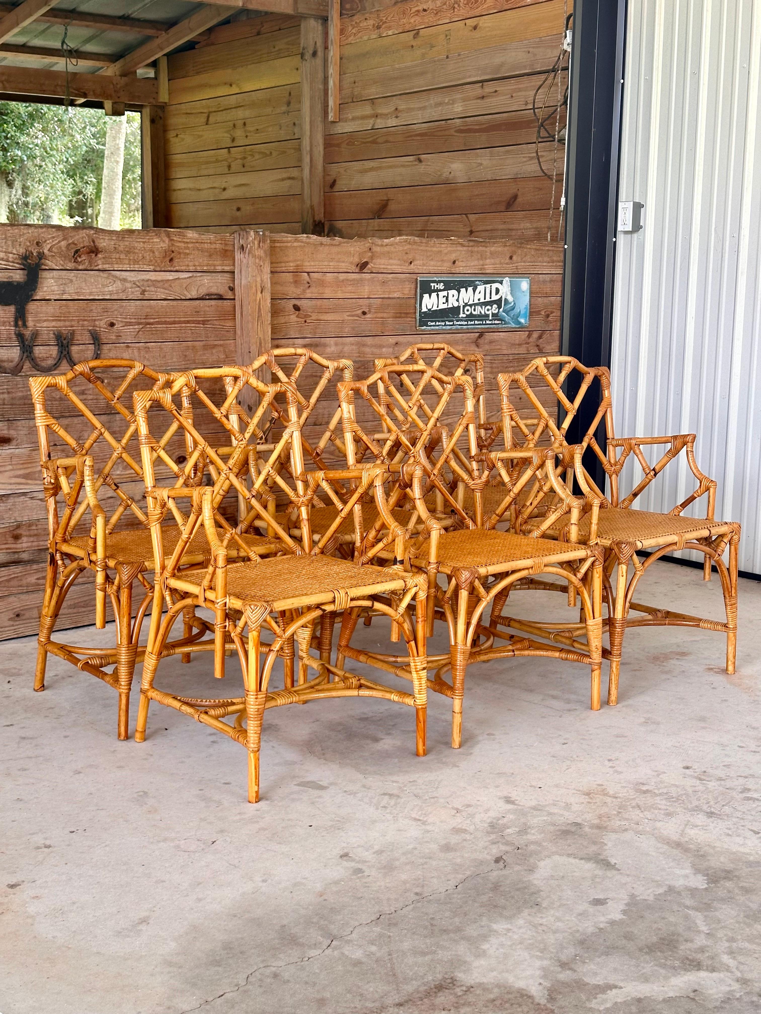 Restored Refinished Italian Rattan Chippendale Arm Six Dining Chairs 6