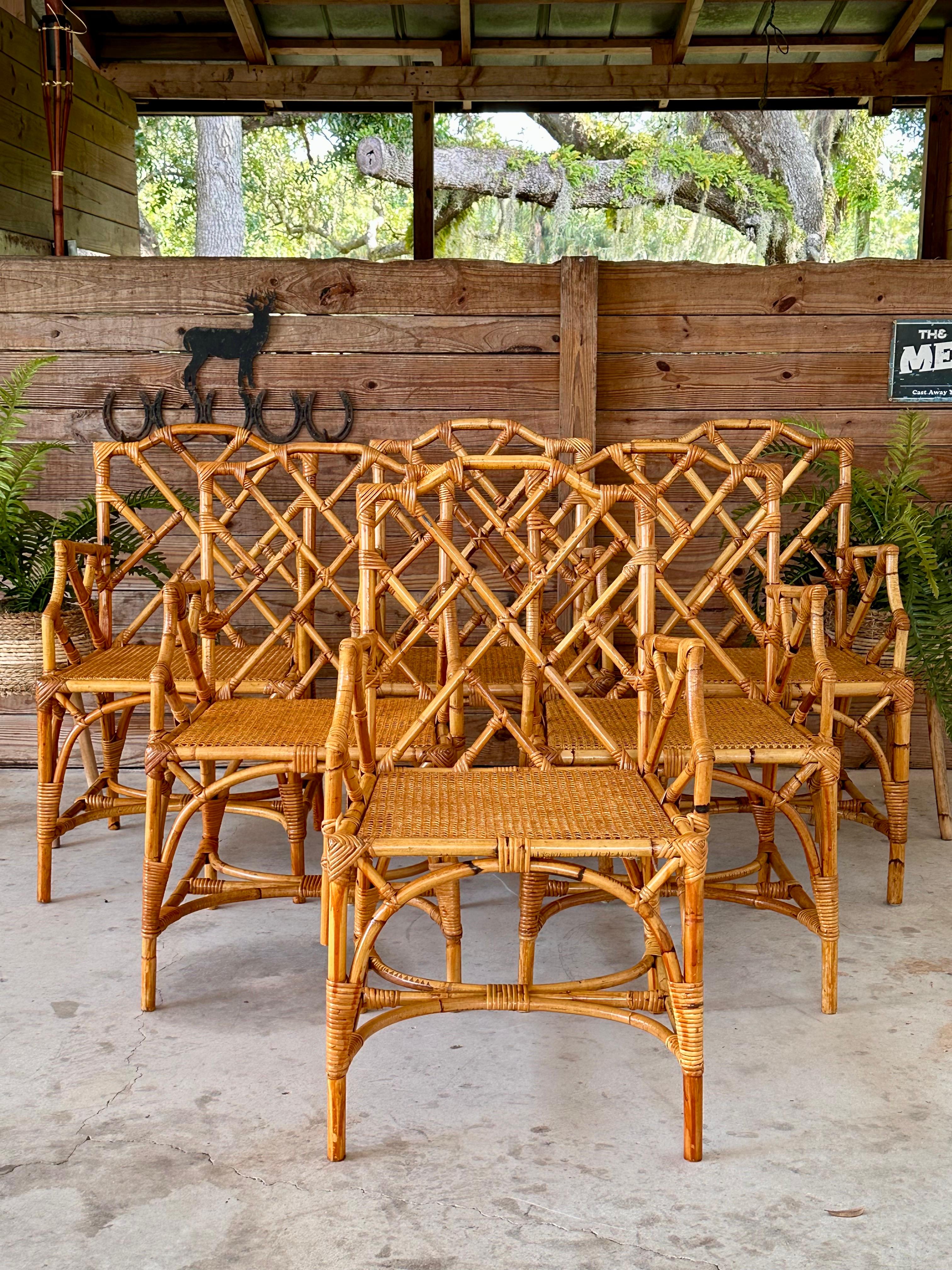 Restored Refinished Italian Rattan Chippendale Arm Six Dining Chairs 7