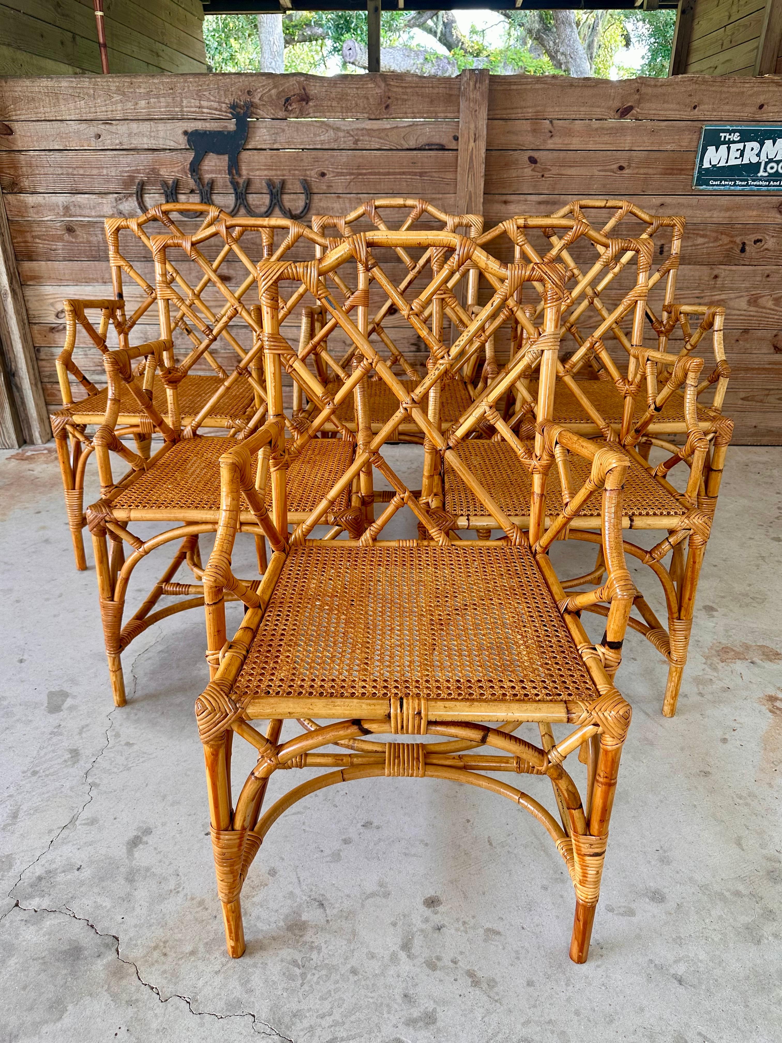 Restored Refinished Italian Rattan Chippendale Arm Six Dining Chairs 8