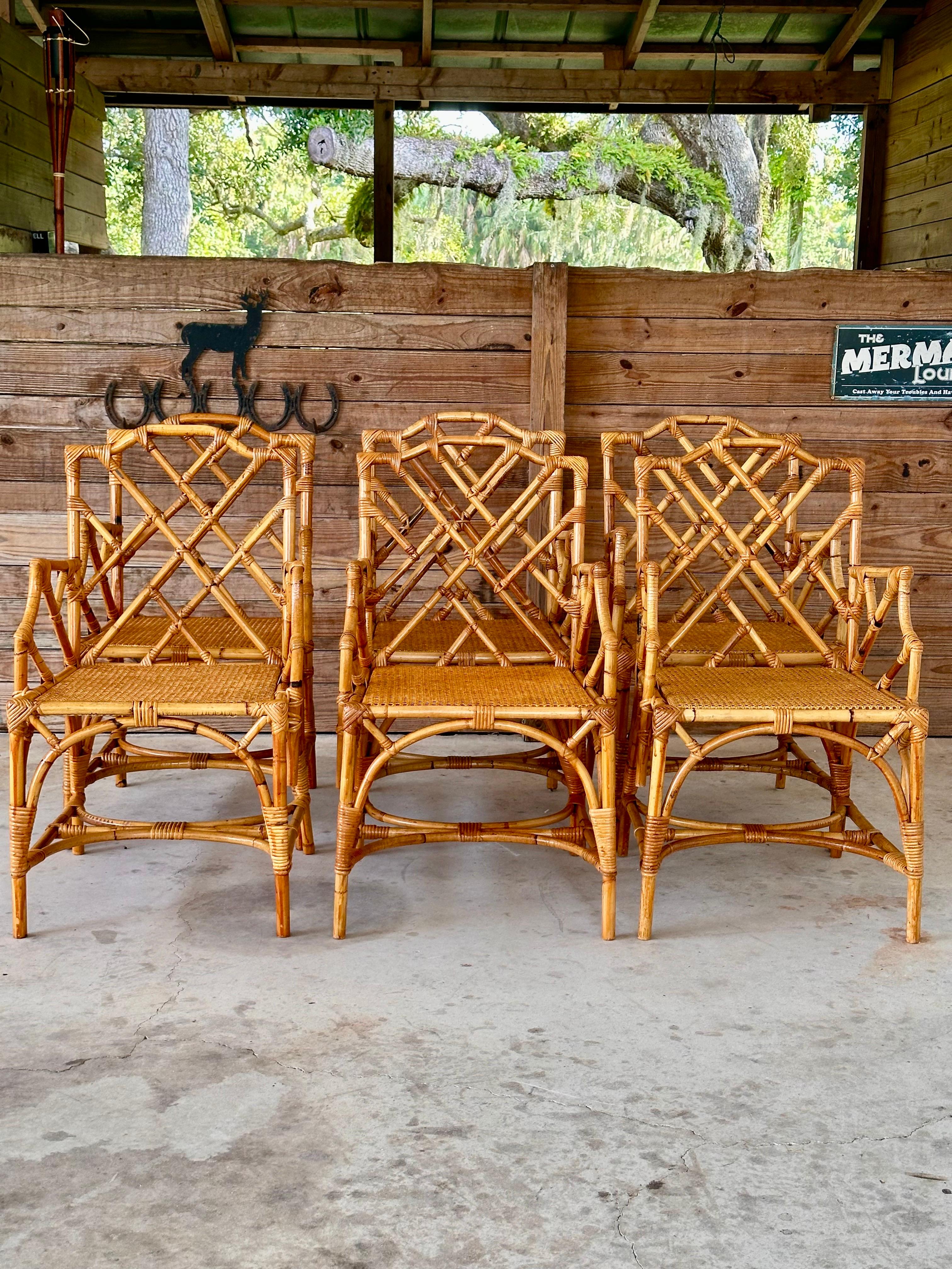 Restored Refinished Italian Rattan Chippendale Arm Six Dining Chairs 9