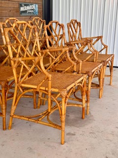 Restored Refinished Italian Rattan Chippendale Arm Six Dining Chairs
