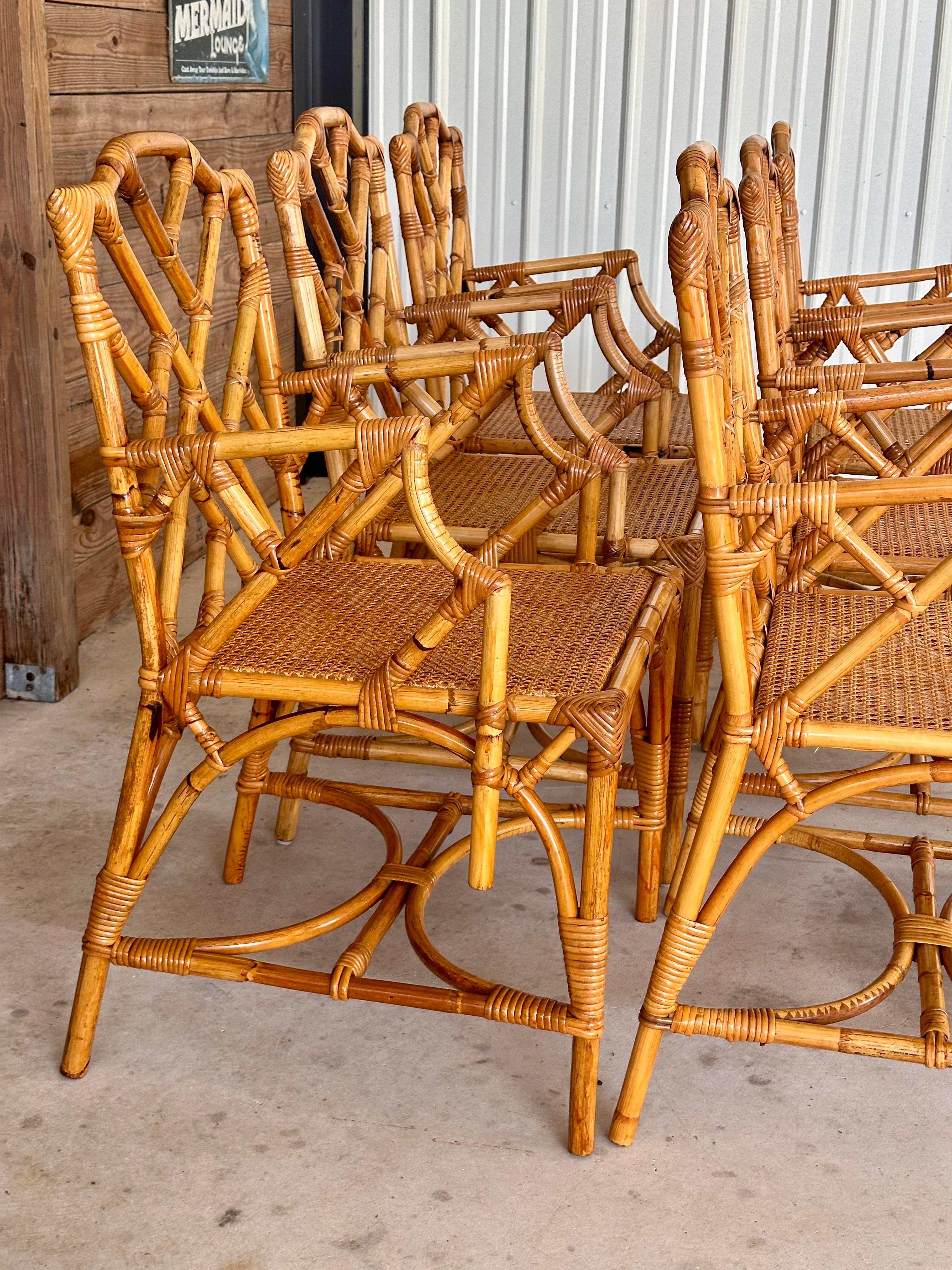 Chinese Chippendale Restored Refinished Italian Rattan Chippendale Arm Six Dining Chairs