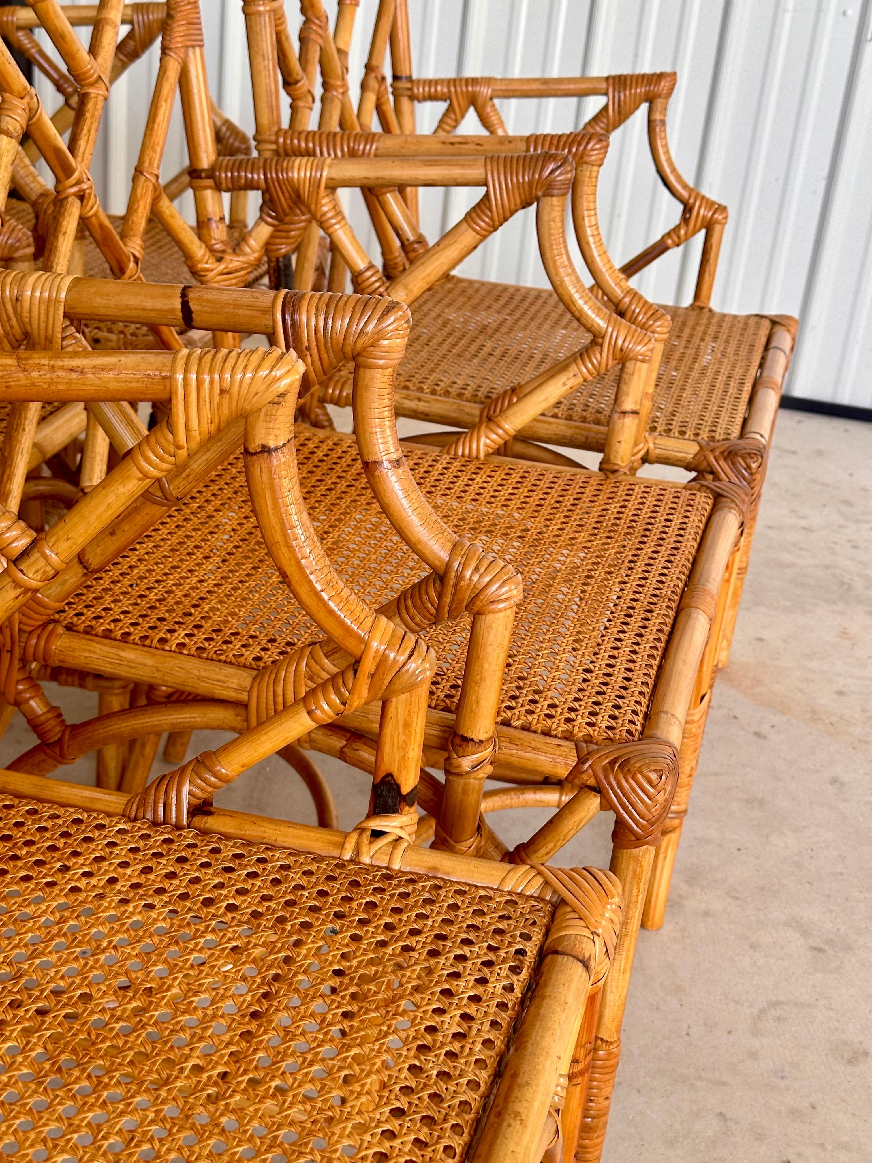 Caning Restored Refinished Italian Rattan Chippendale Arm Six Dining Chairs