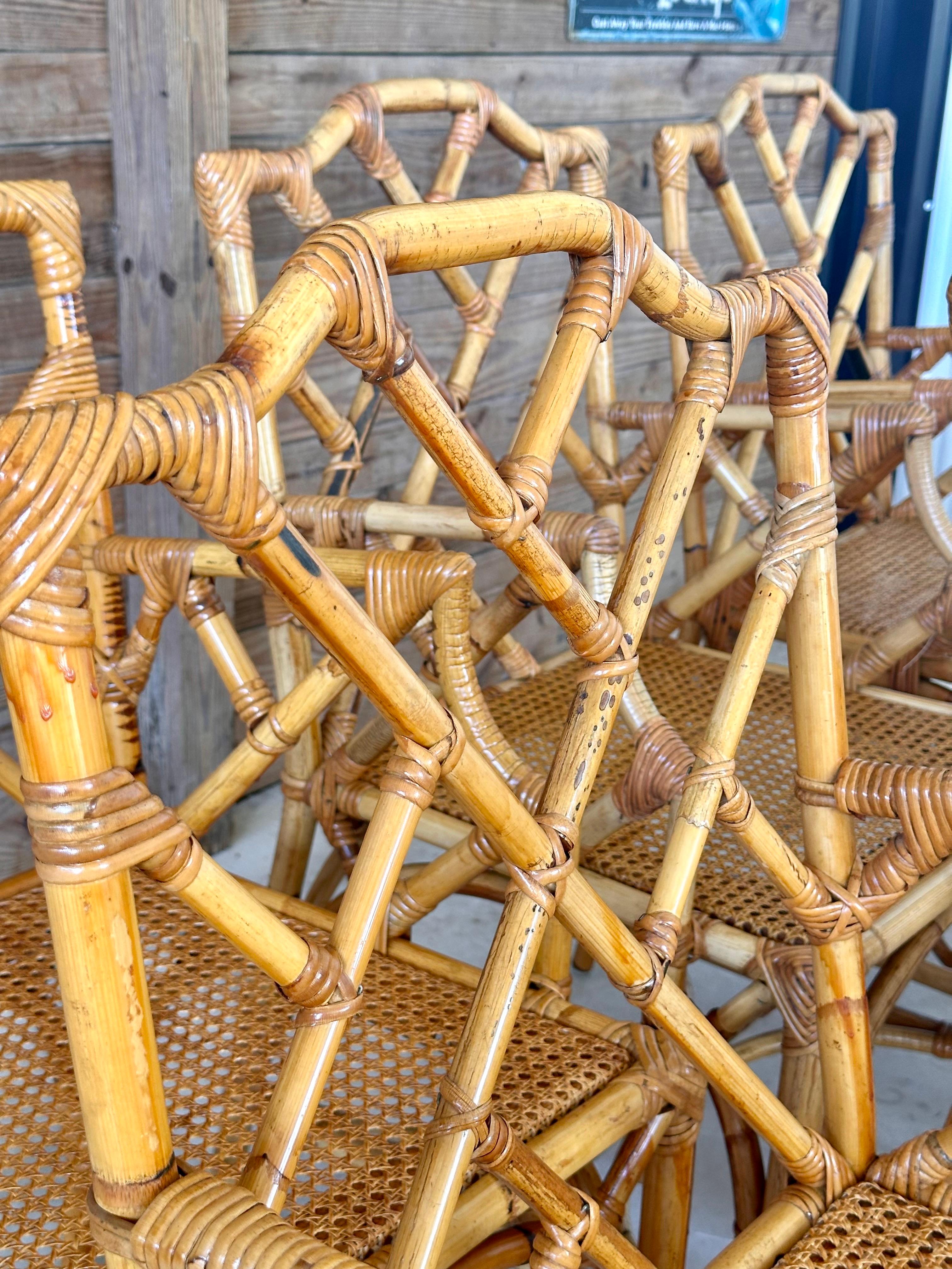 Restored Refinished Italian Rattan Chippendale Arm Six Dining Chairs In Good Condition In North Fort Myers, FL