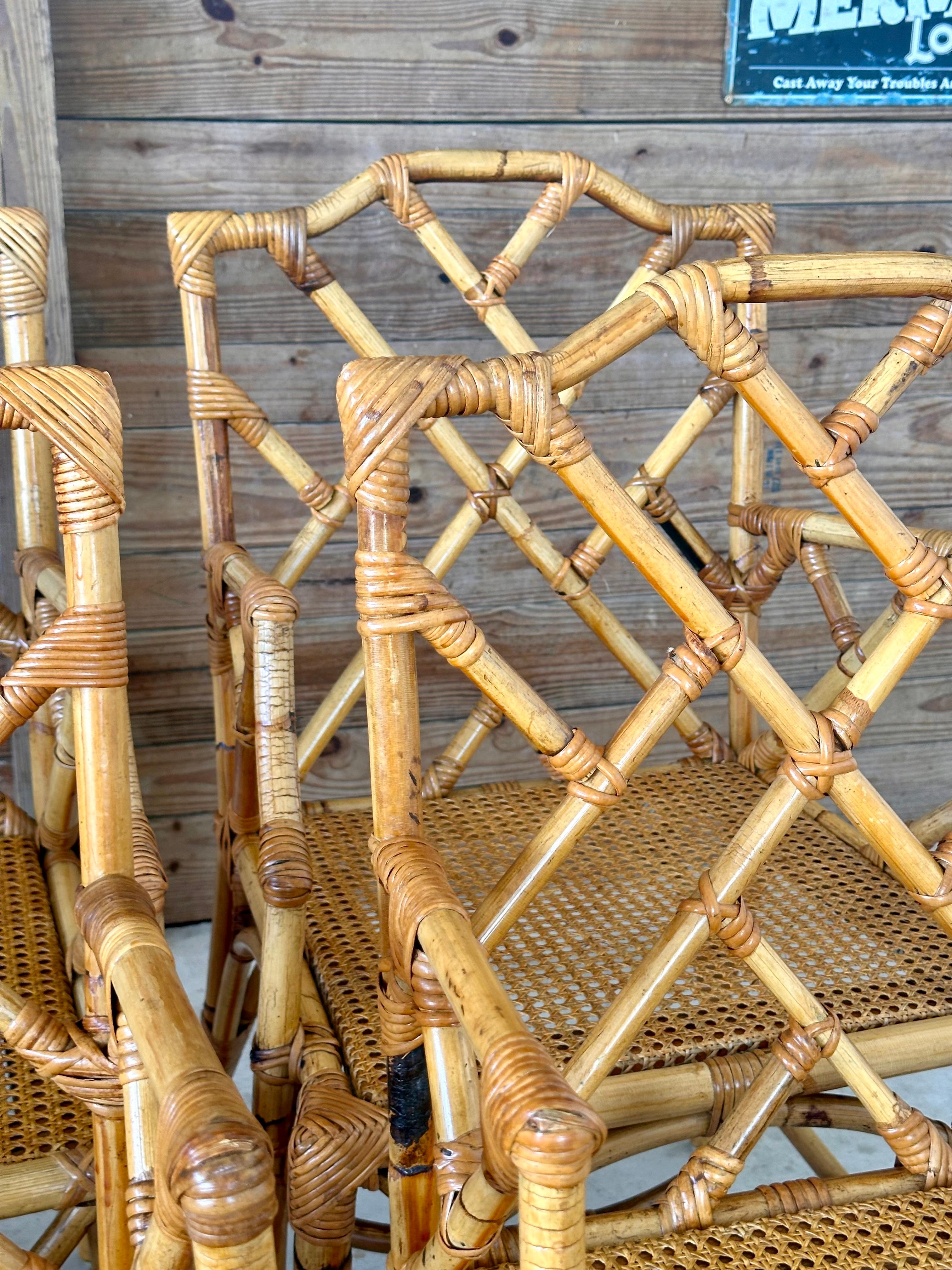 20th Century Restored Refinished Italian Rattan Chippendale Arm Six Dining Chairs