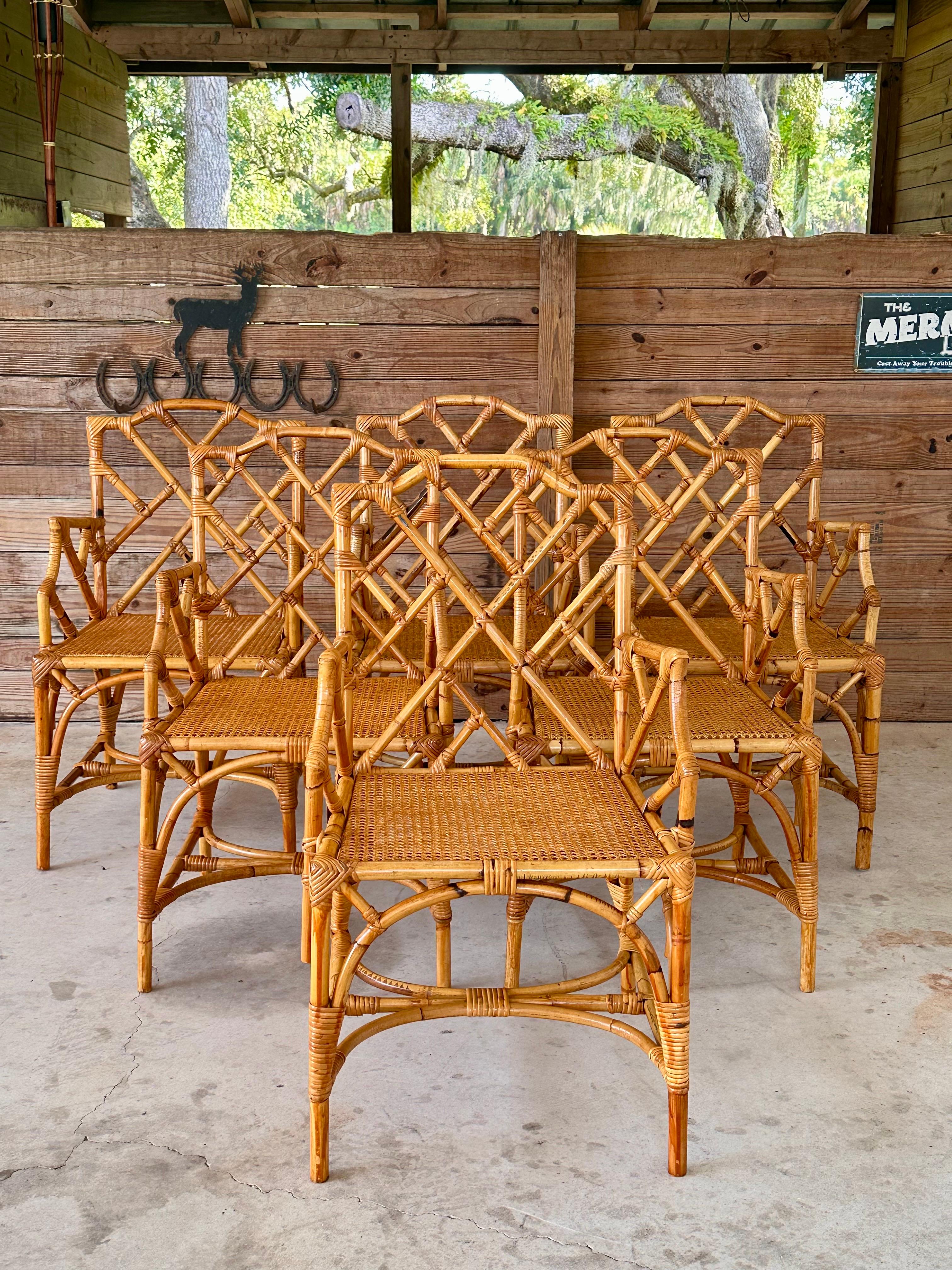 Restored Refinished Italian Rattan Chippendale Arm Six Dining Chairs 2