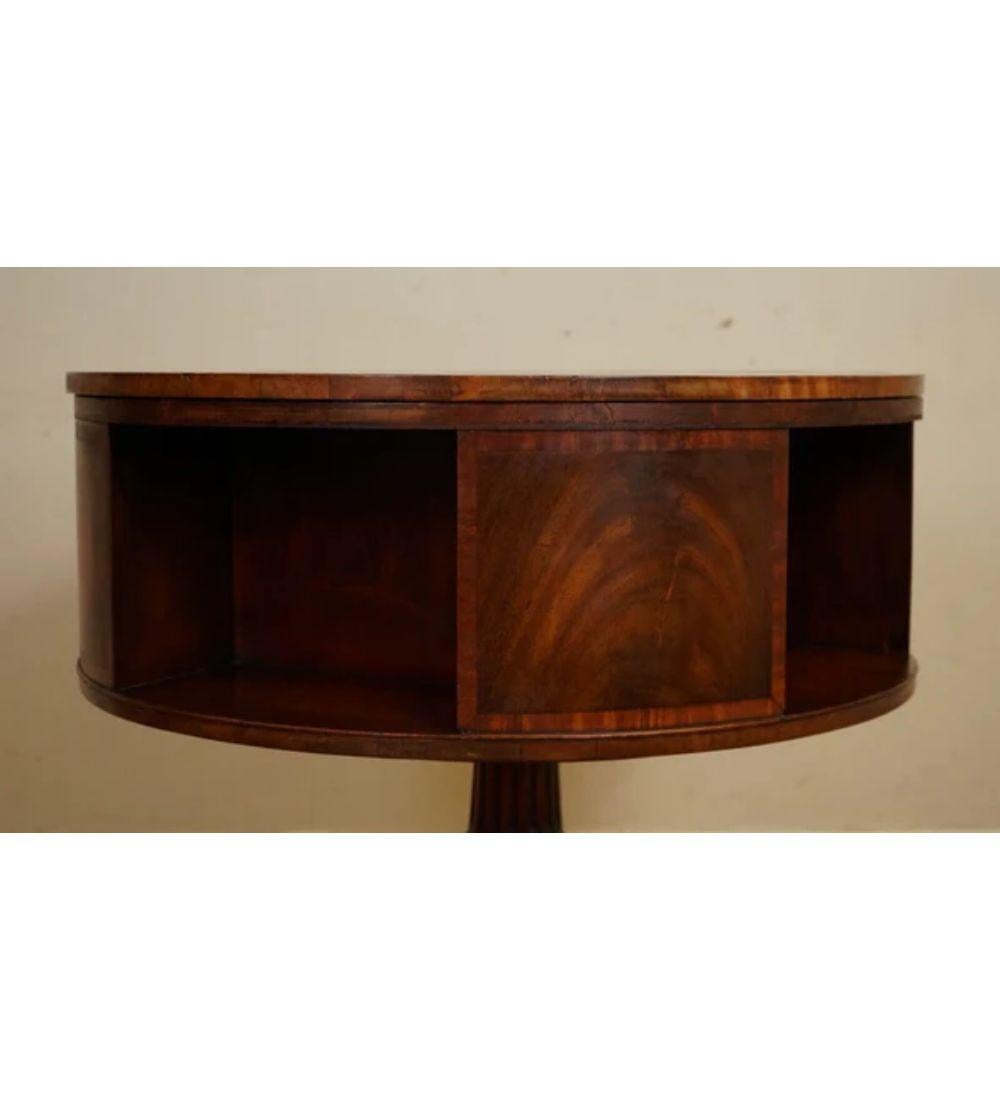 Brass Restored Regency Style Revolving Bookcase Drum Table in Hand Dyed Whiskey Brown For Sale