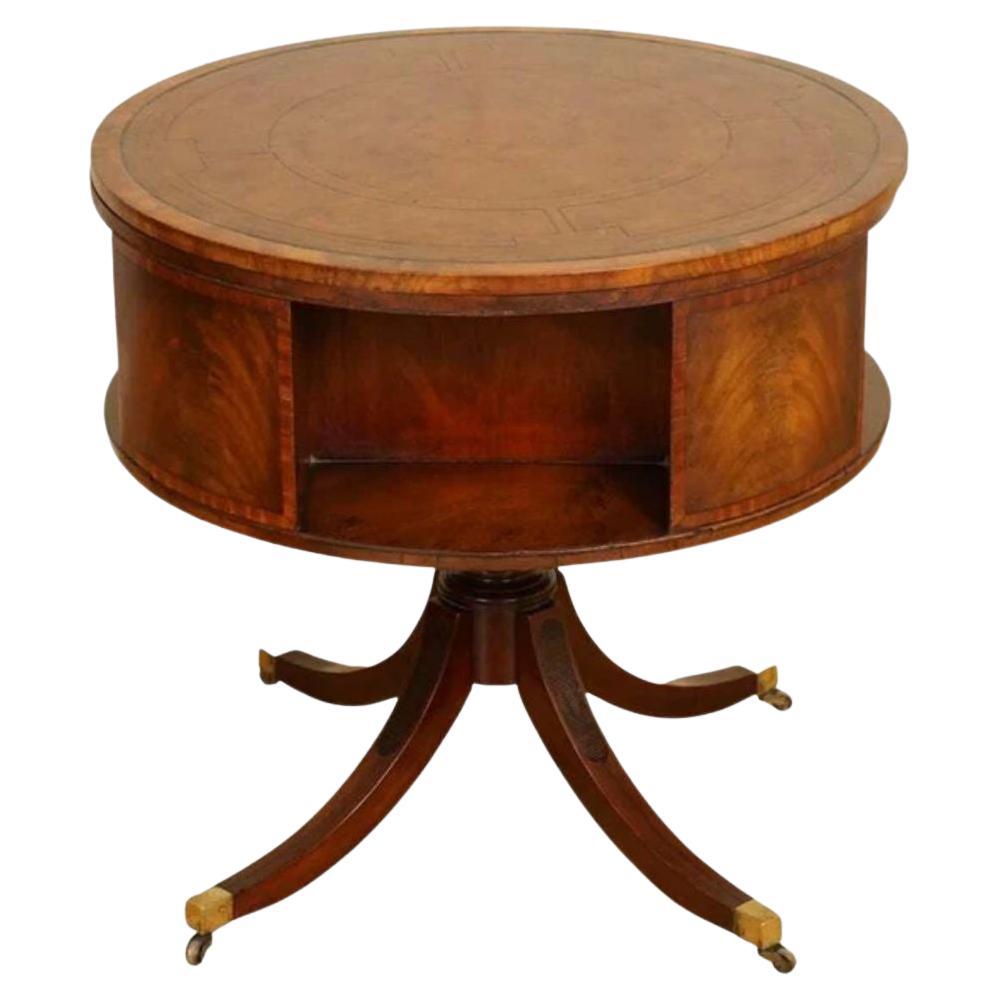Restored Regency Style Revolving Bookcase Drum Table in Hand Dyed Whiskey Brown For Sale