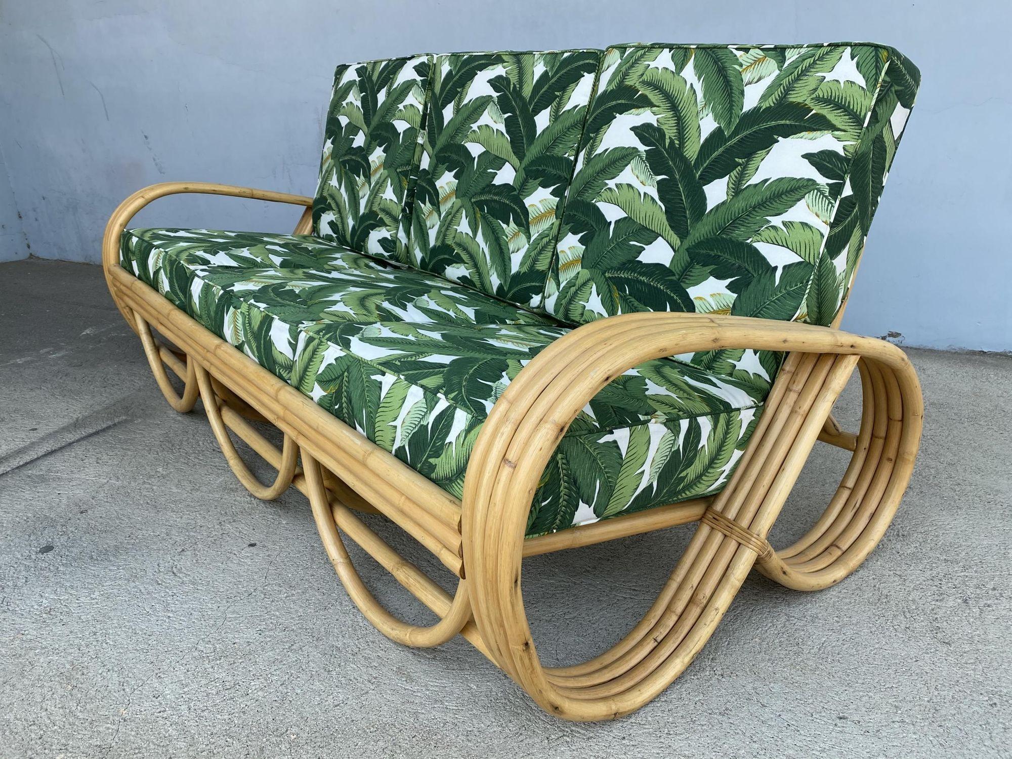 Mid-20th Century Restored Reverse Pretzel Rattan Sofa & Chair Living Room Set