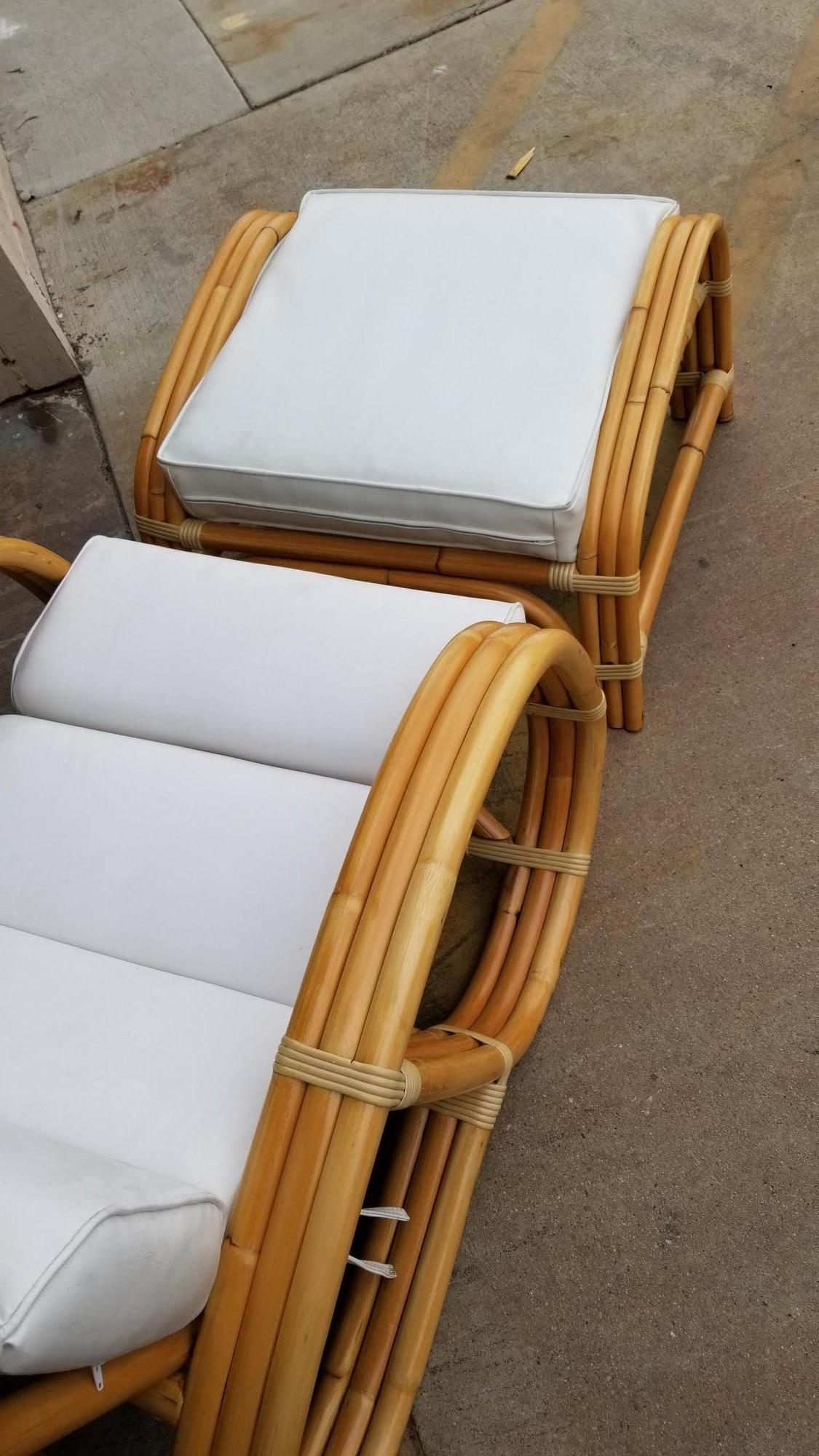 Fabric Restored Reverse Pretzel Three Strand Lounge Chair and Matching Ottoman For Sale