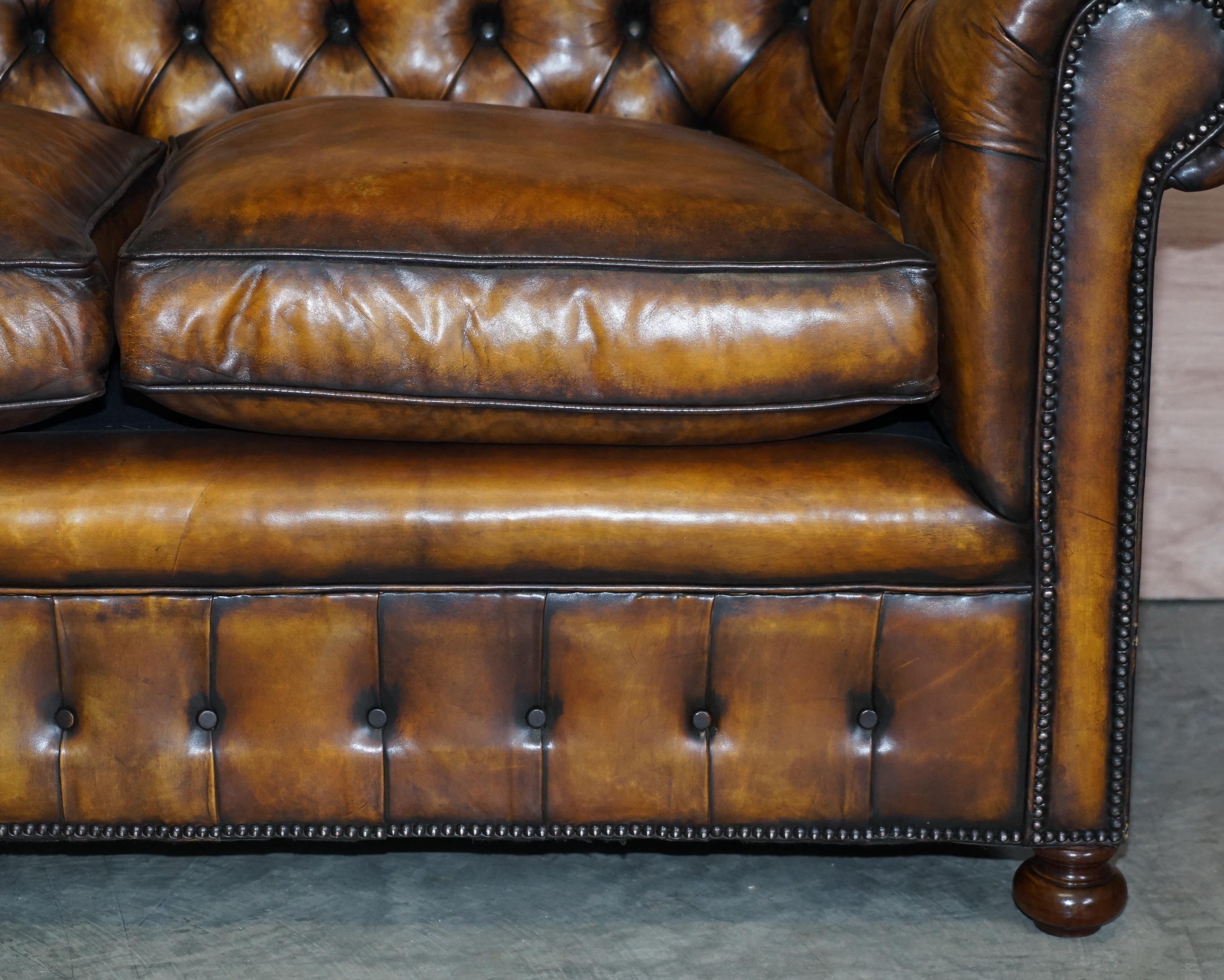 Restored Rich Cigar Brown Leather Chesterfield Club Sofa Feather Filled Cushions 4