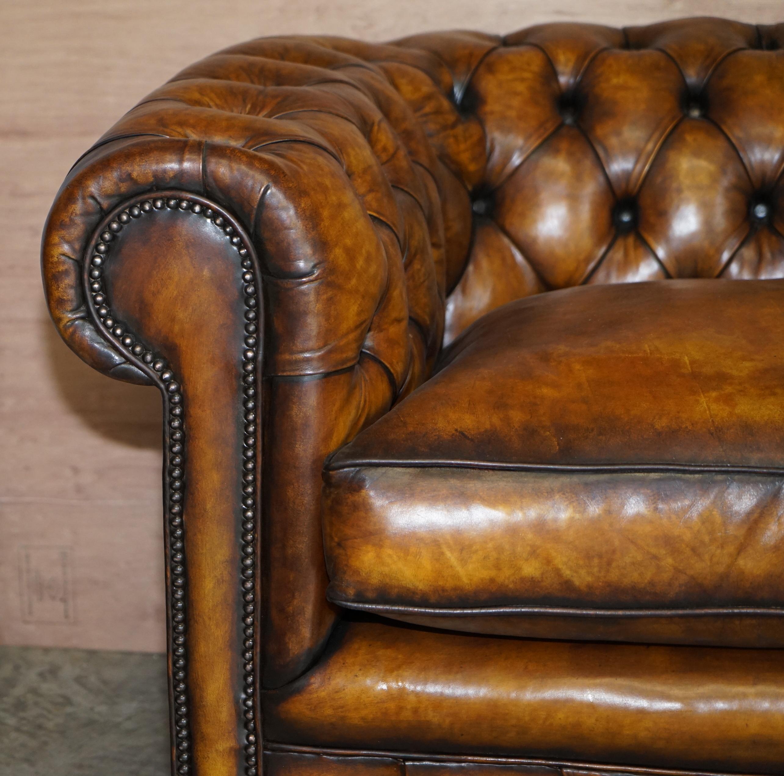 Chesterfield RESTORED RICH CIGAR BROWN LEATHER CHESTERFIELD CLUB SOFA FEATHER FILLED CUSHIONS 