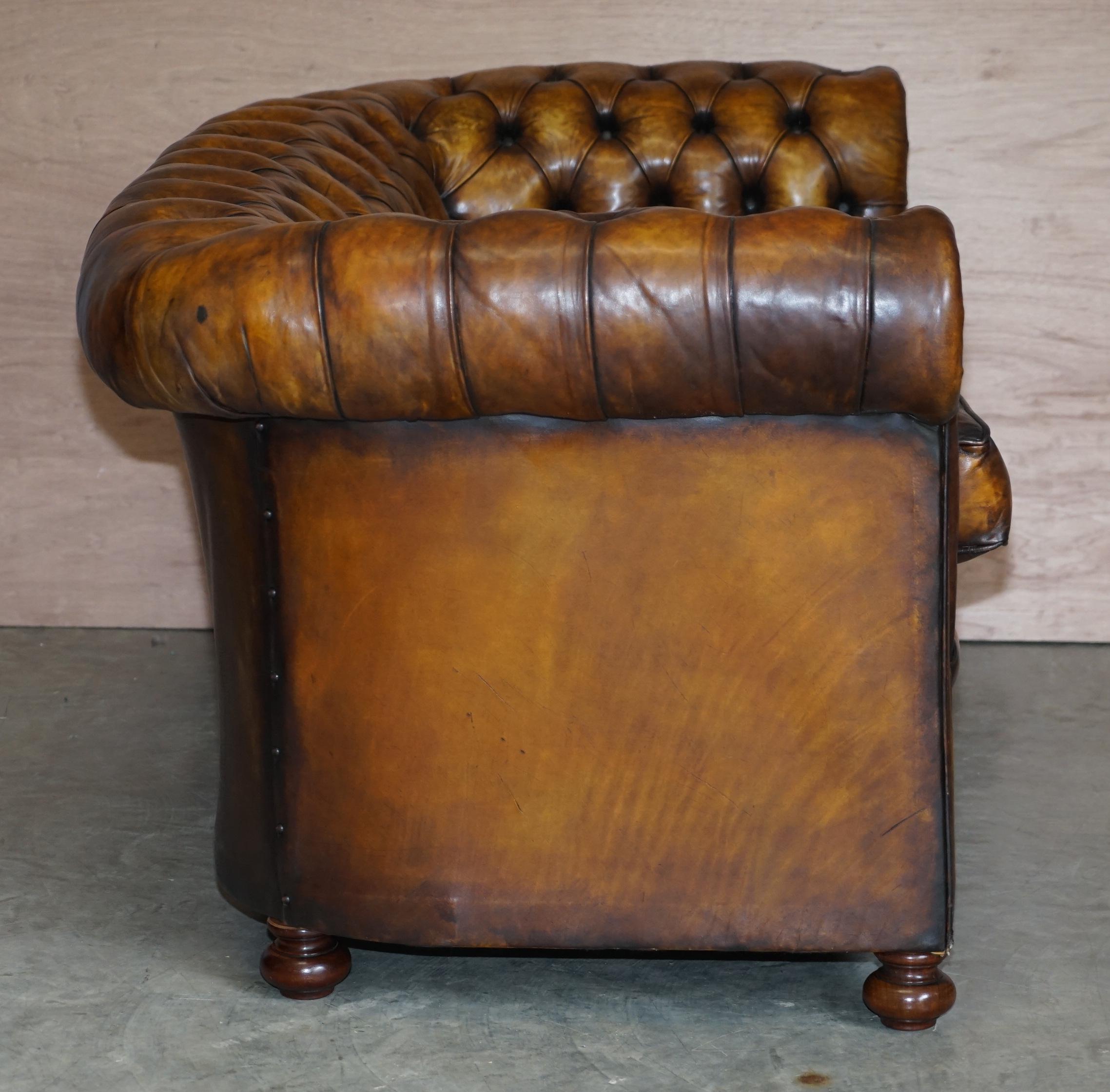 Restored Rich Cigar Brown Leather Chesterfield Club Sofa Feather Filled Cushions 6