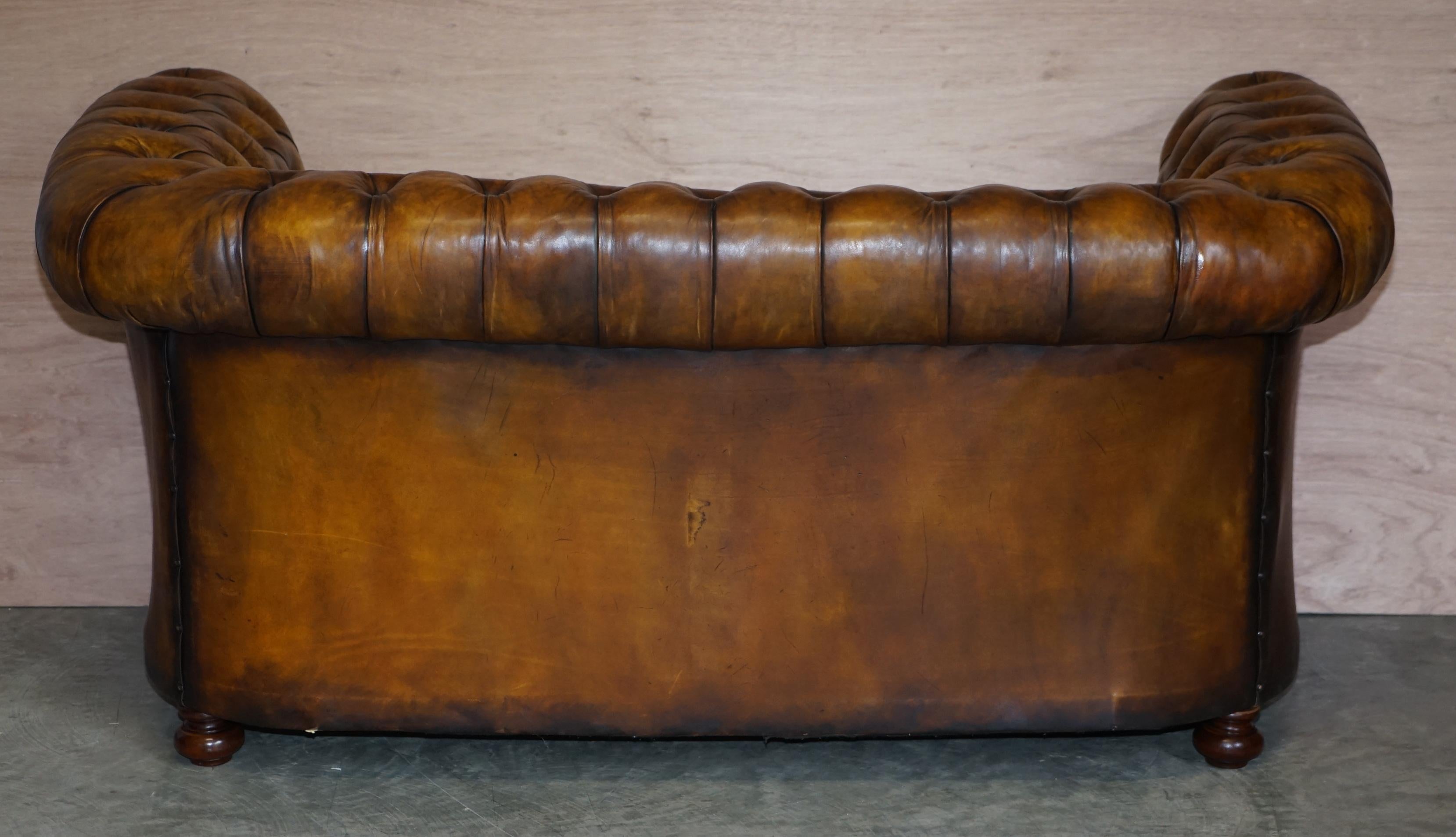 Restored Rich Cigar Brown Leather Chesterfield Club Sofa Feather Filled Cushions 8
