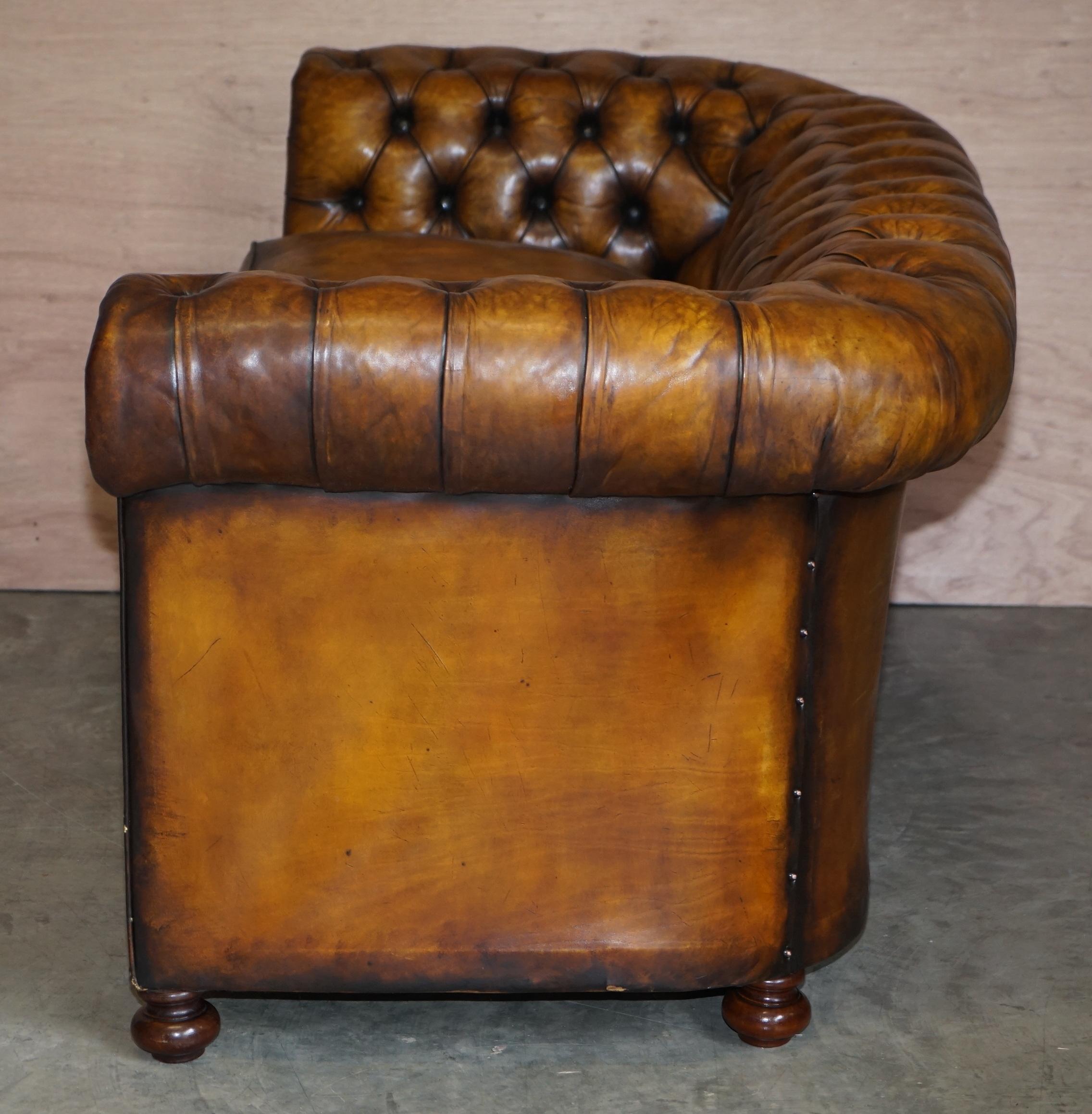 Restored Rich Cigar Brown Leather Chesterfield Club Sofa Feather Filled Cushions 9