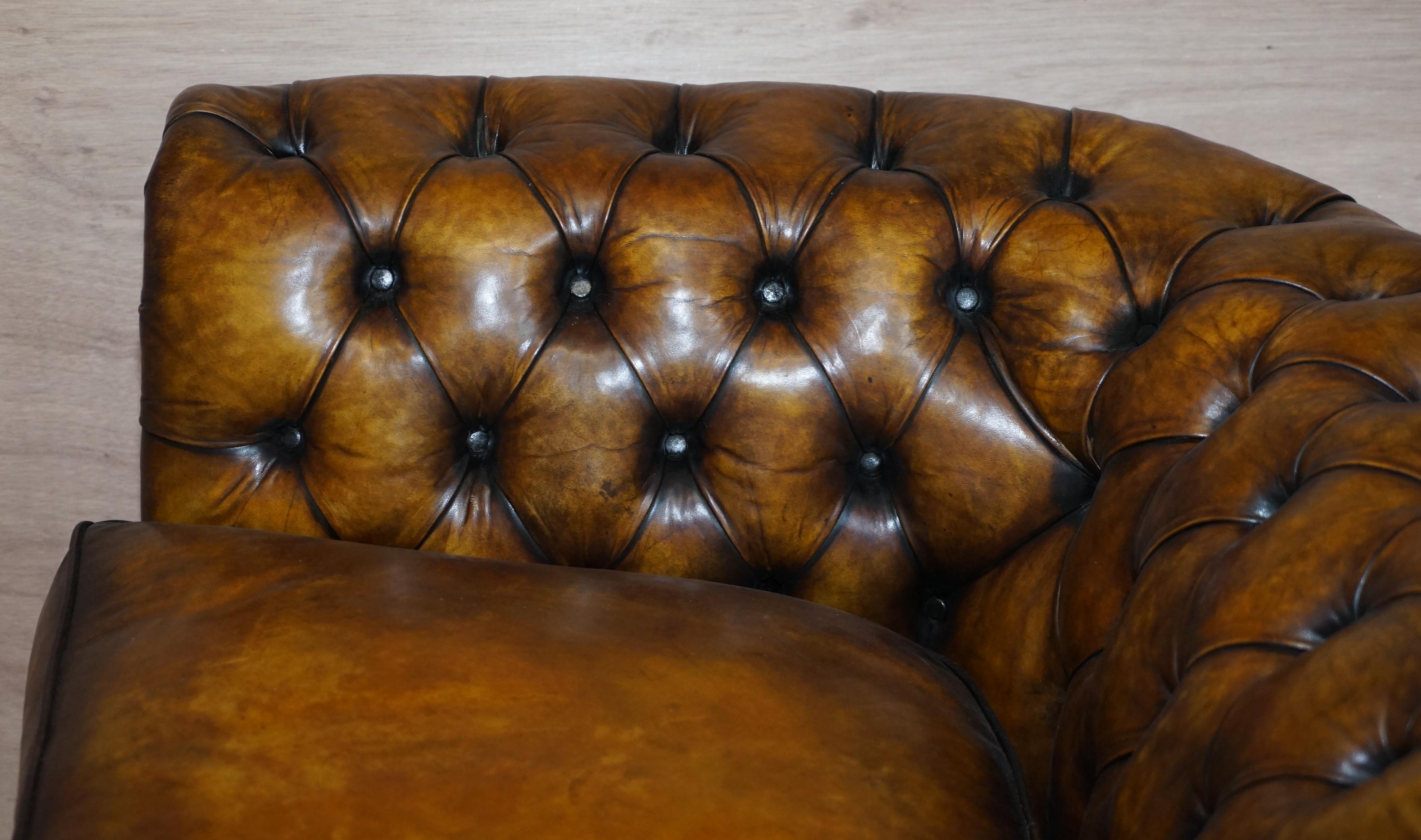 Restored Rich Cigar Brown Leather Chesterfield Club Sofa Feather Filled Cushions 10