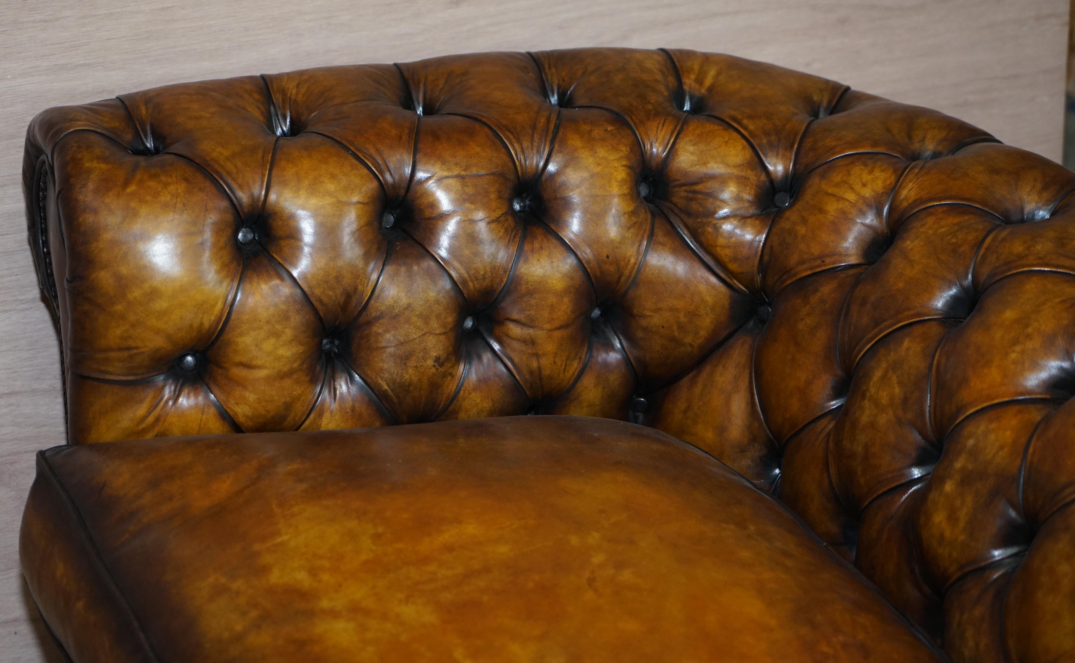 Restored Rich Cigar Brown Leather Chesterfield Club Sofa Feather Filled Cushions 11