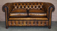 Restored Rich Cigar Brown Leather Chesterfield Club Sofa Feather Filled Cushions
