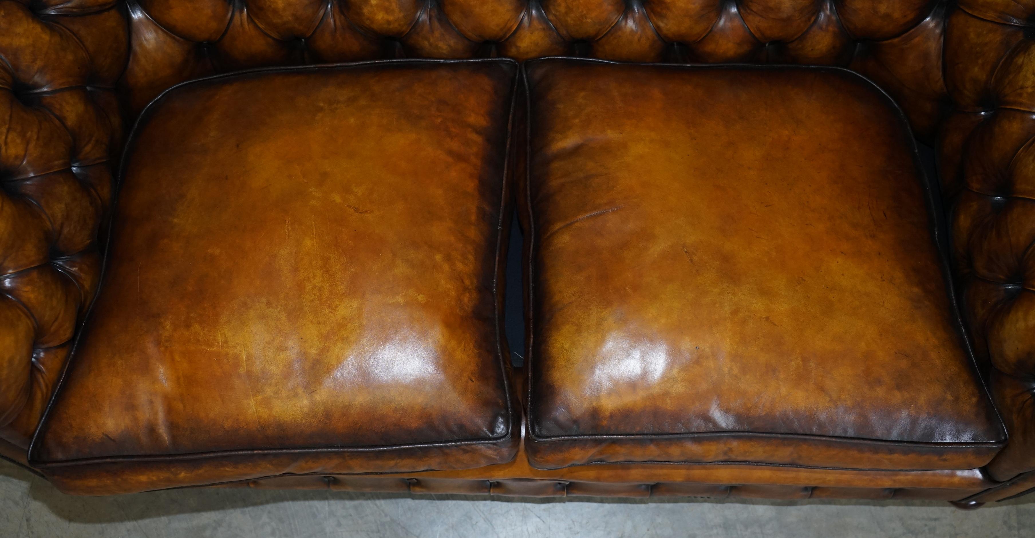 English Restored Rich Cigar Brown Leather Chesterfield Club Sofa Feather Filled Cushions