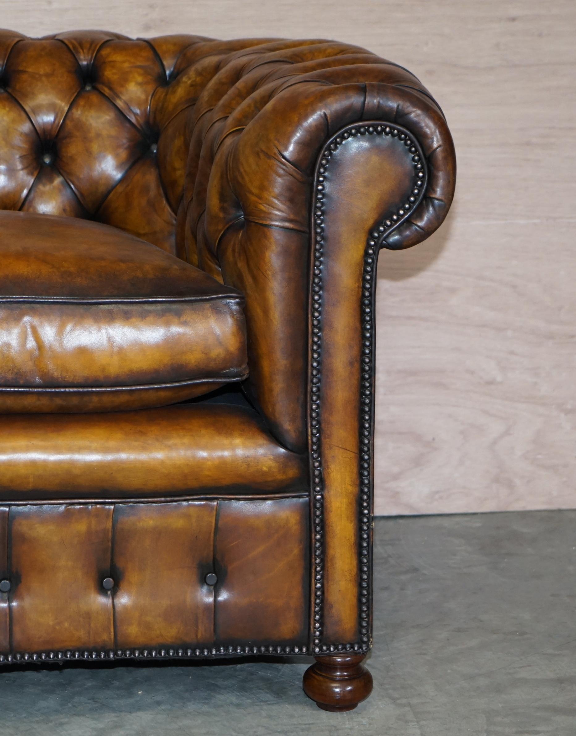 Restored Rich Cigar Brown Leather Chesterfield Club Sofa Feather Filled Cushions 1