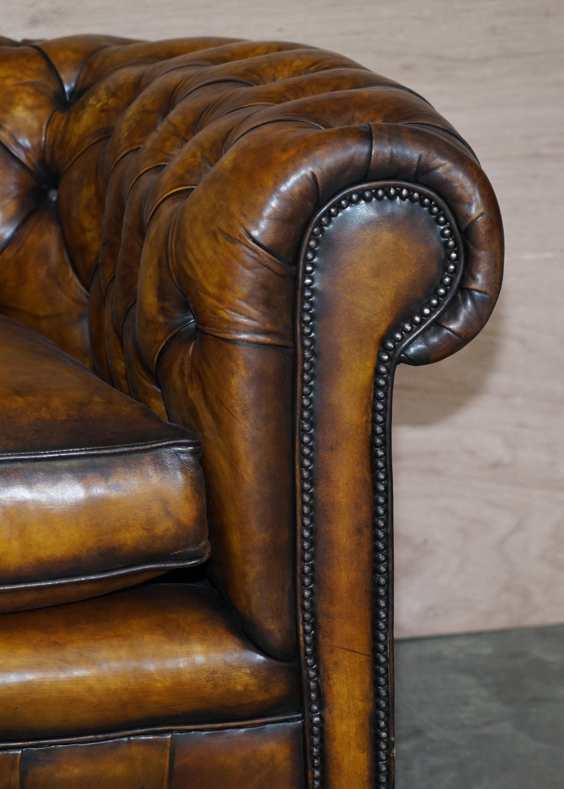 Restored Rich Cigar Brown Leather Chesterfield Club Sofa Feather Filled Cushions 2