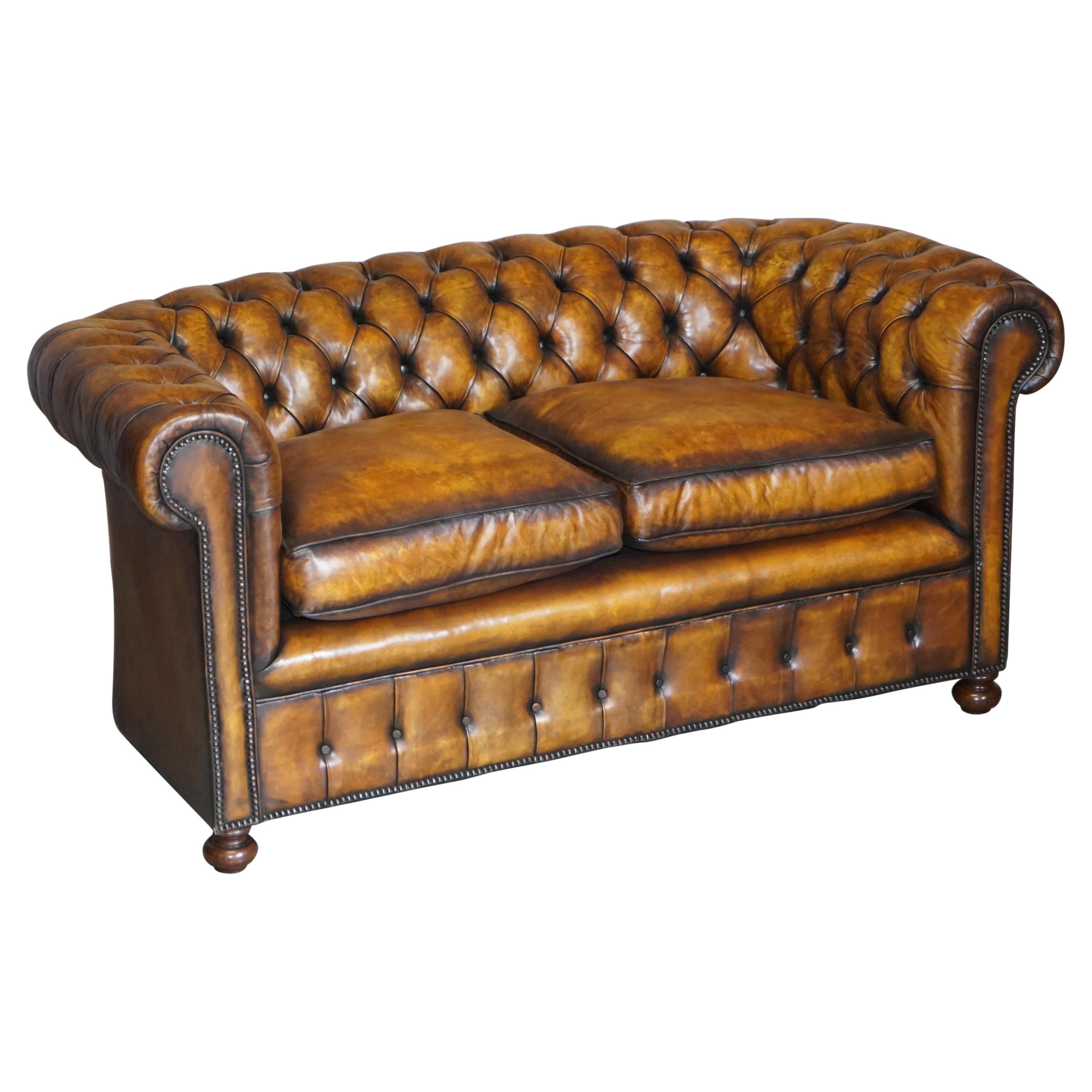 Restored Rich Cigar Brown Leather Chesterfield Club Sofa Feather Filled Cushions