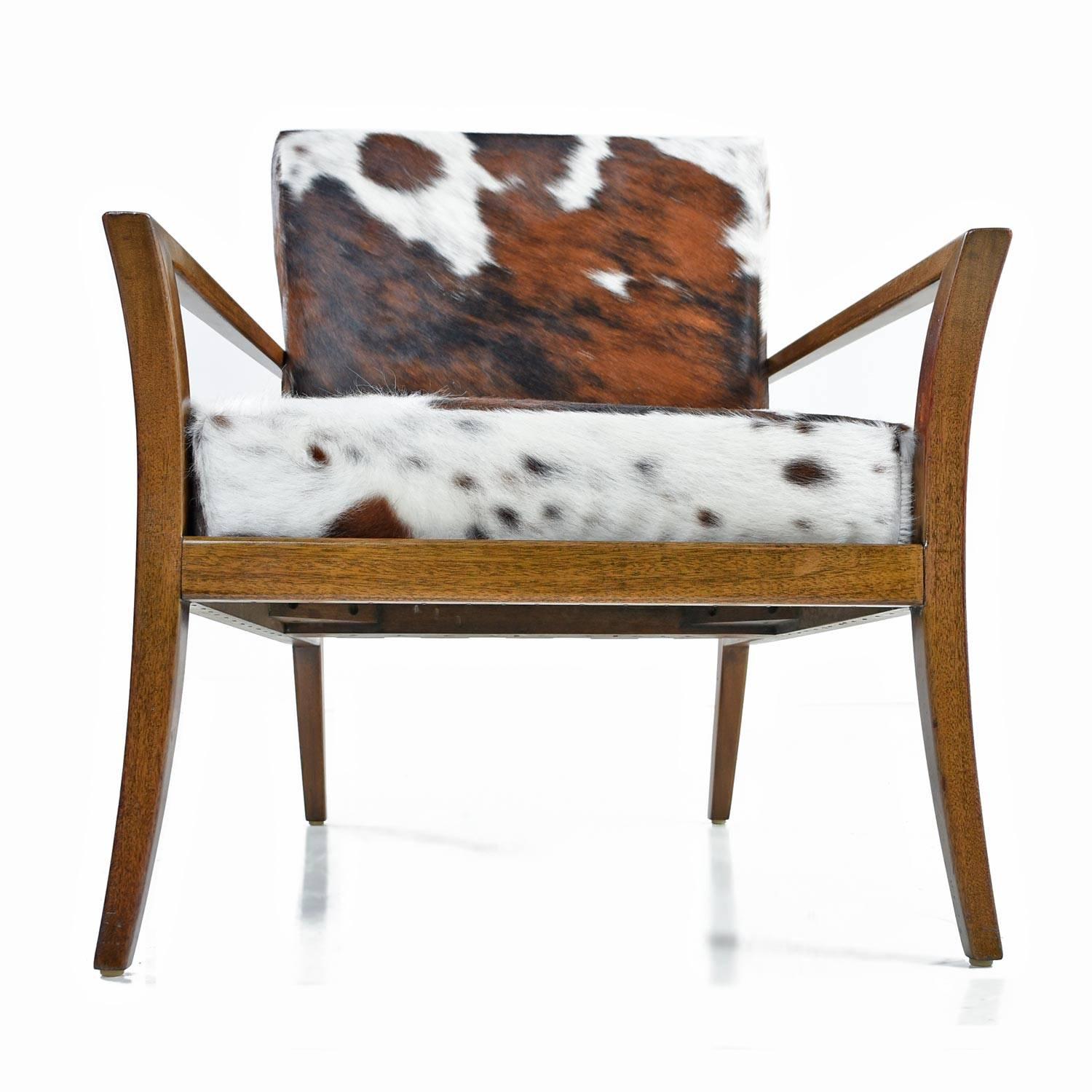 Mid-Century Modern Restored Robsjohn-Gibbings Style Flared Arm Mahogany Lounge Chair in Cowhide
