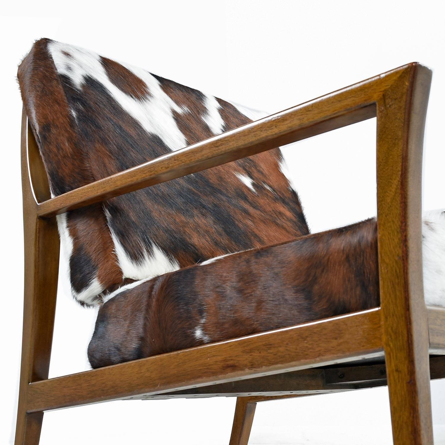Restored Robsjohn-Gibbings Style Flared Arm Mahogany Lounge Chair in Cowhide In Excellent Condition In Chattanooga, TN