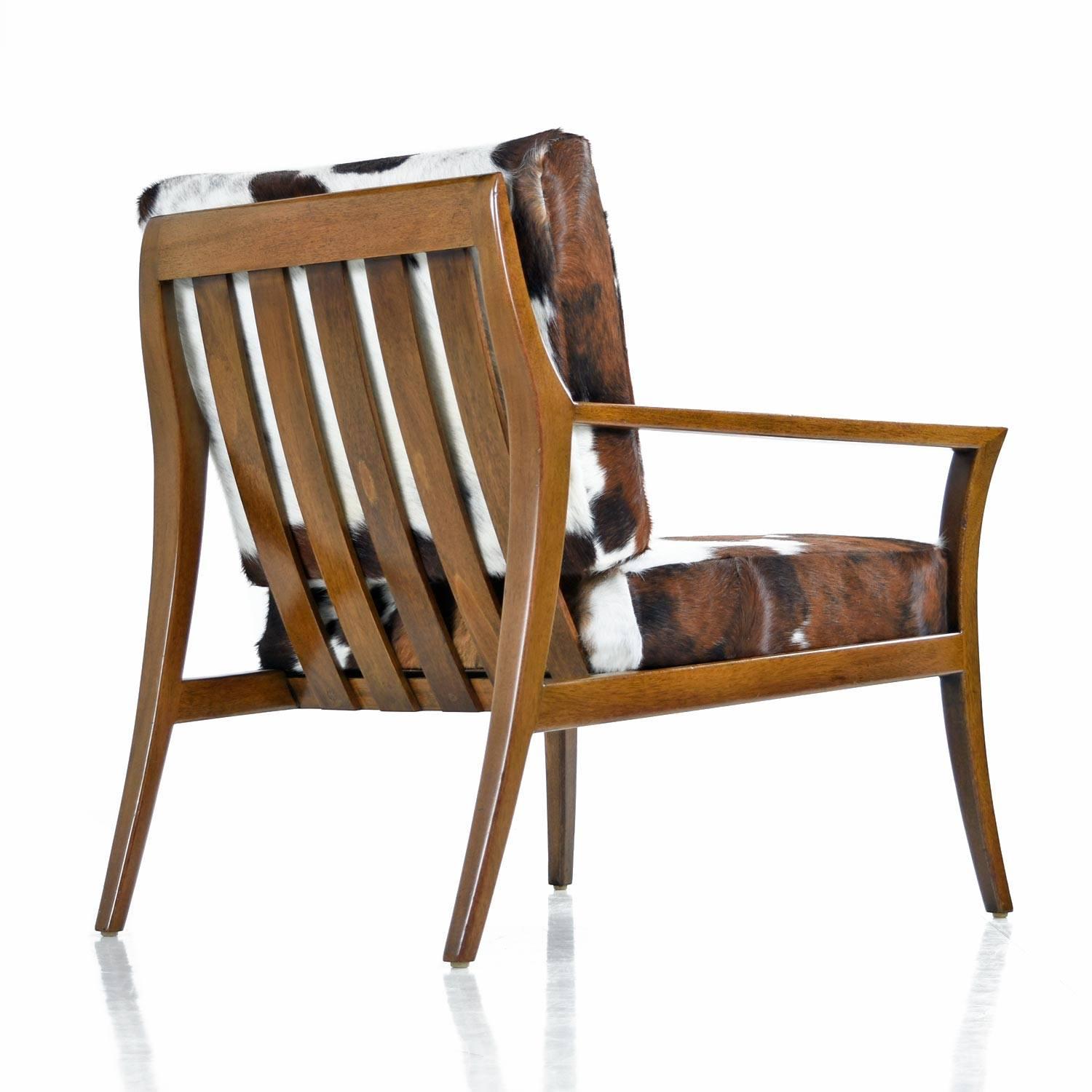 Restored Robsjohn-Gibbings Style Flared Arm Mahogany Lounge Chair in Cowhide 1