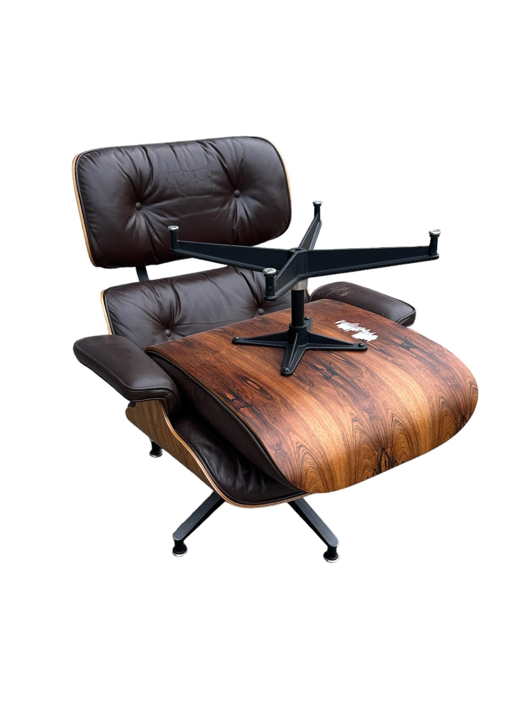 Restored Rosewood Eames Lounge Chair with Brown Leather Cushions For