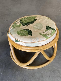 Restored Round Open Base Ottoman Stool with Bark Cloth Covering