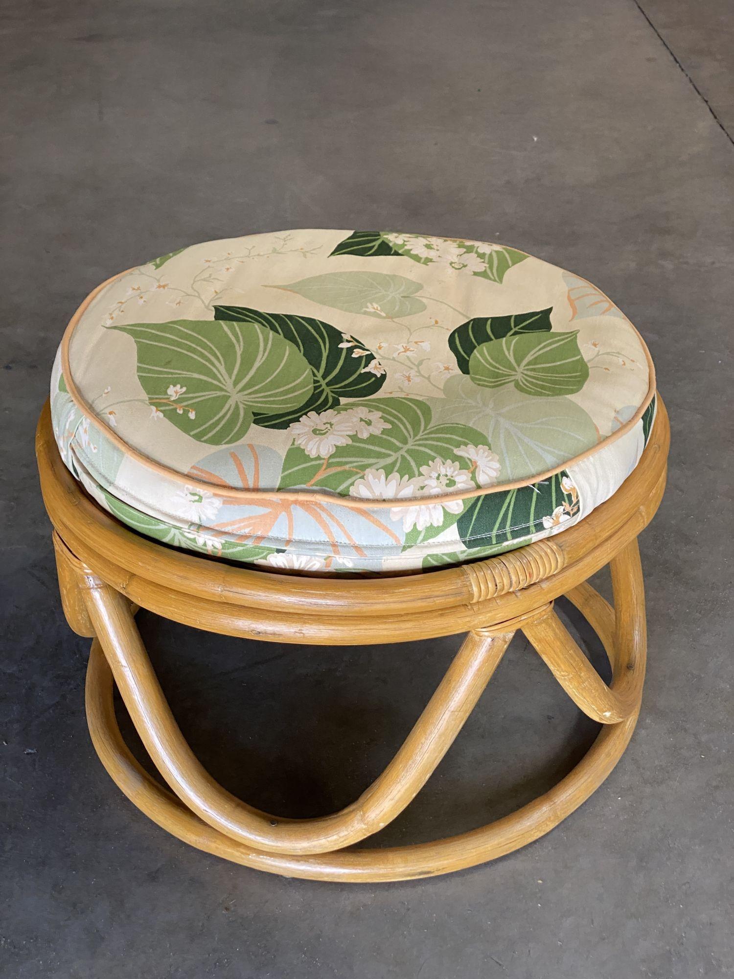 Restored Round Open Base Ottoman Stool with Bark Cloth Covering In Excellent Condition In Van Nuys, CA