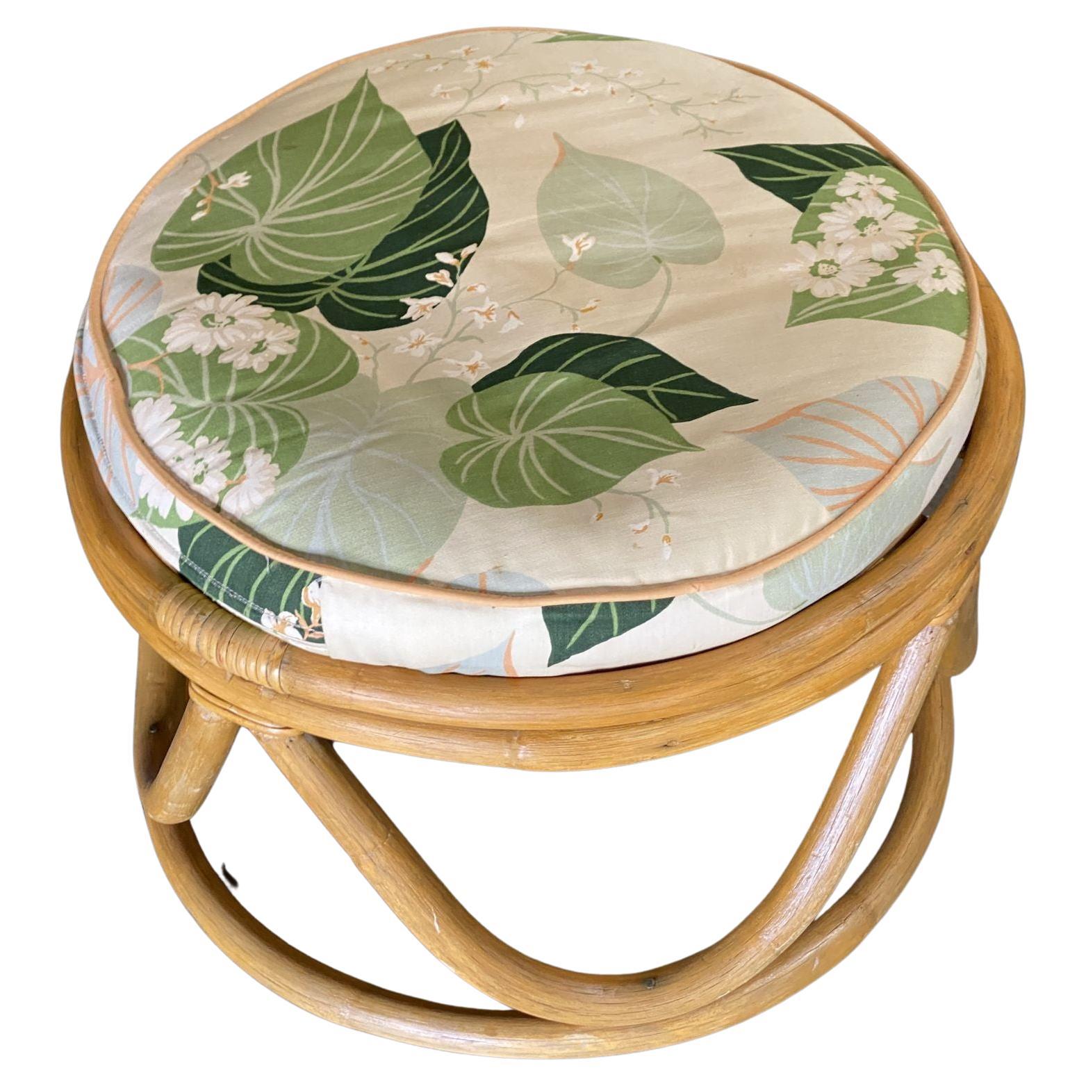 Restored Round Open Base Ottoman Stool with Bark Cloth Covering
