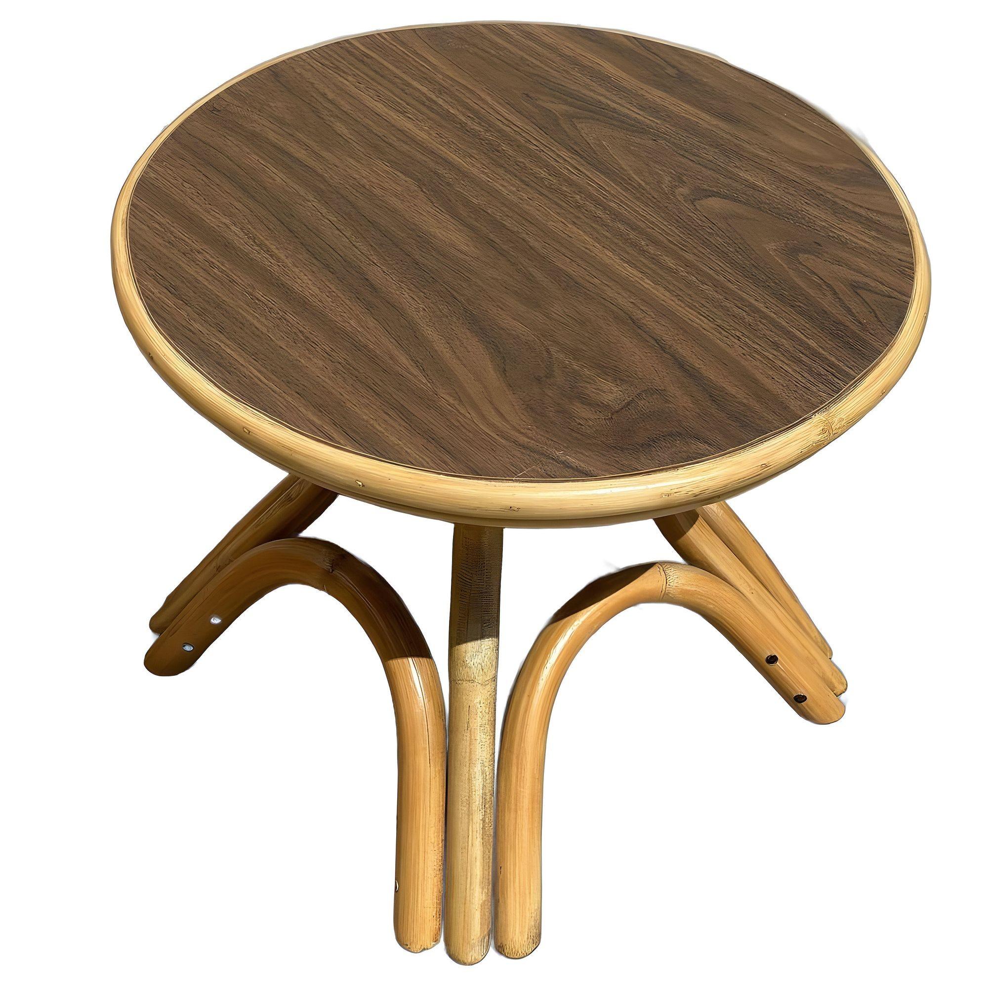 American Restored Round Rattan Coffee Table w/ Arched Base For Sale