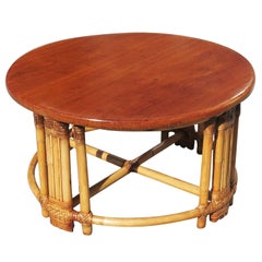 Restored Round Rattan Coffee Table with Mahogany Top and Fancy Wrapping
