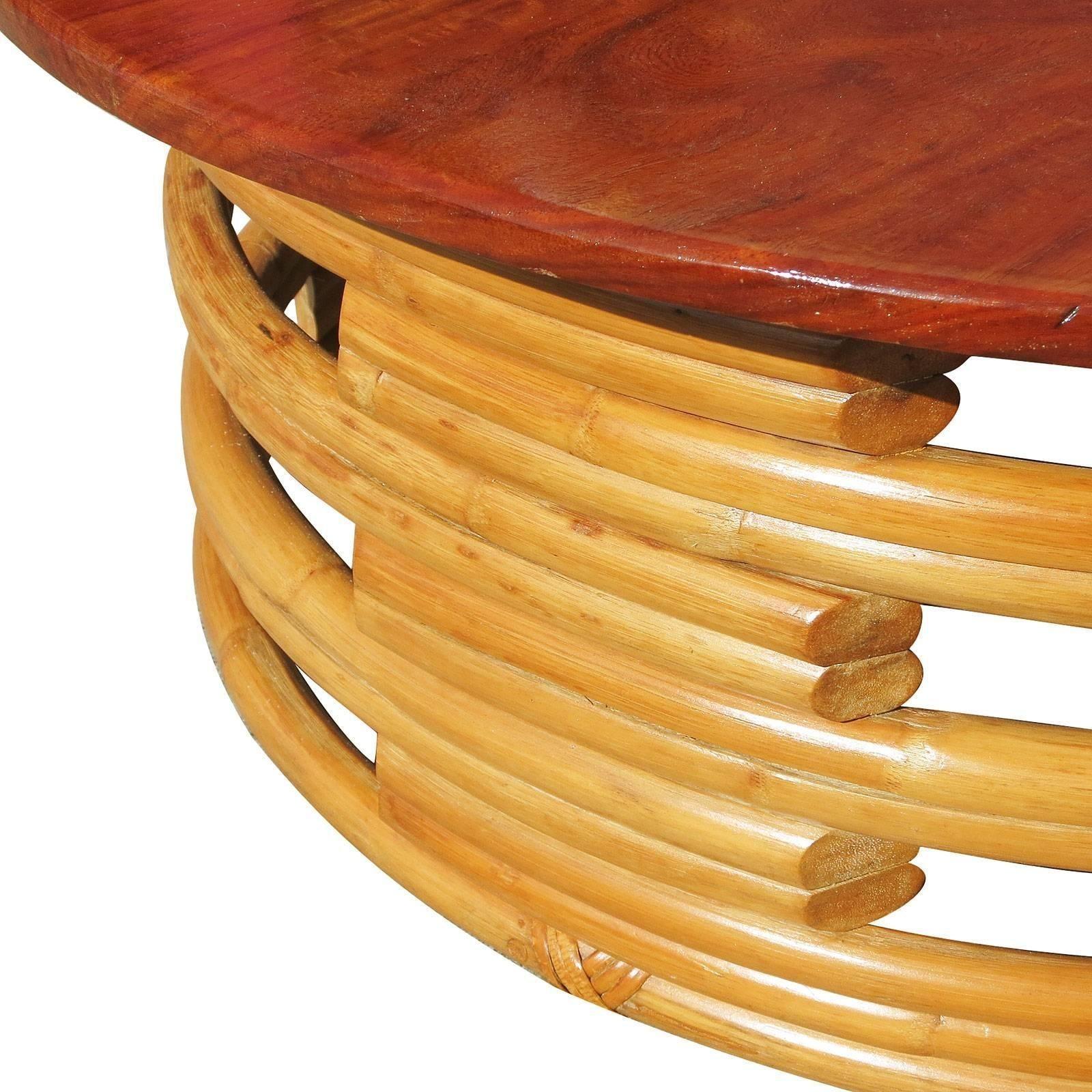 Round Rattan Tea Table Restored Round Rattan Coffee Table with Mahogany Top For Sale at 1stDibs