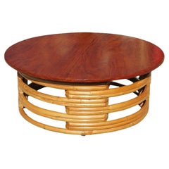 Restored Round Rattan Coffee Table with Mahogany Top