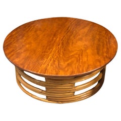 Used Restored Round Rattan Coffee Table with Mahogany Top