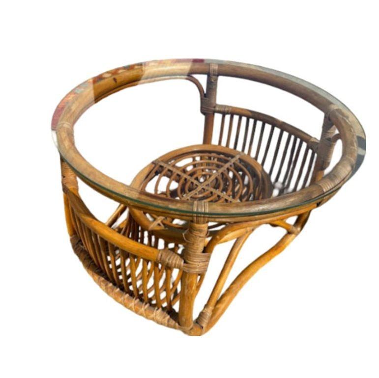 Mid-20th Century Restored Round Rattan Coffee Table with Reed Basket Base & Glass Top For Sale