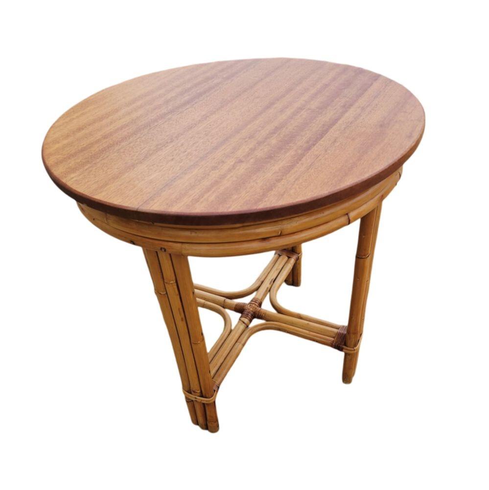 Restored Round Rattan & Mahogany 3 Strand End Table w/ Copper Nailheads In Excellent Condition For Sale In Van Nuys, CA