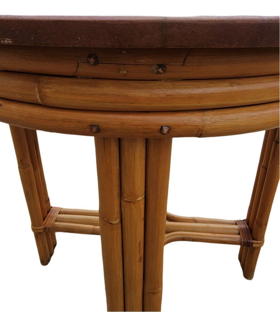 20th Century Restored Round Rattan & Mahogany 3 Strand End Table w/ Copper Nailheads For Sale