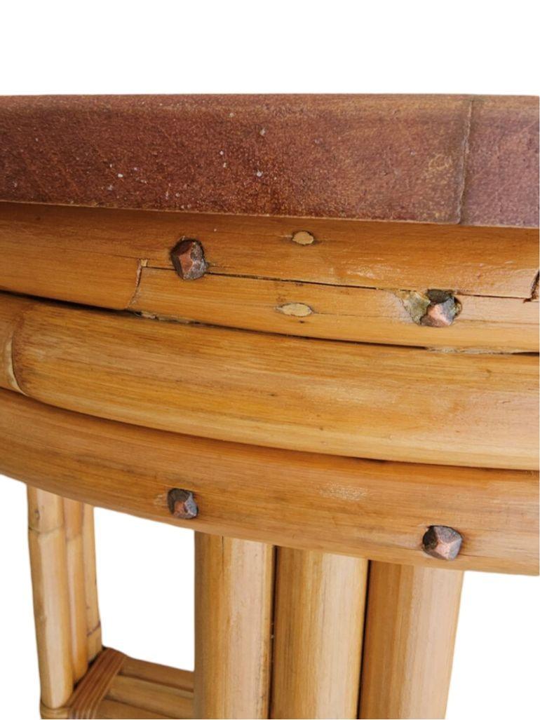 Restored Round Rattan & Mahogany 3 Strand End Table w/ Copper Nailheads For Sale 1