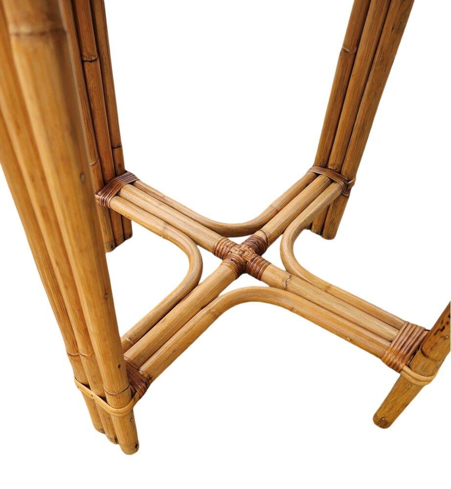 Restored Round Rattan & Mahogany 3 Strand End Table w/ Copper Nailheads For Sale 3