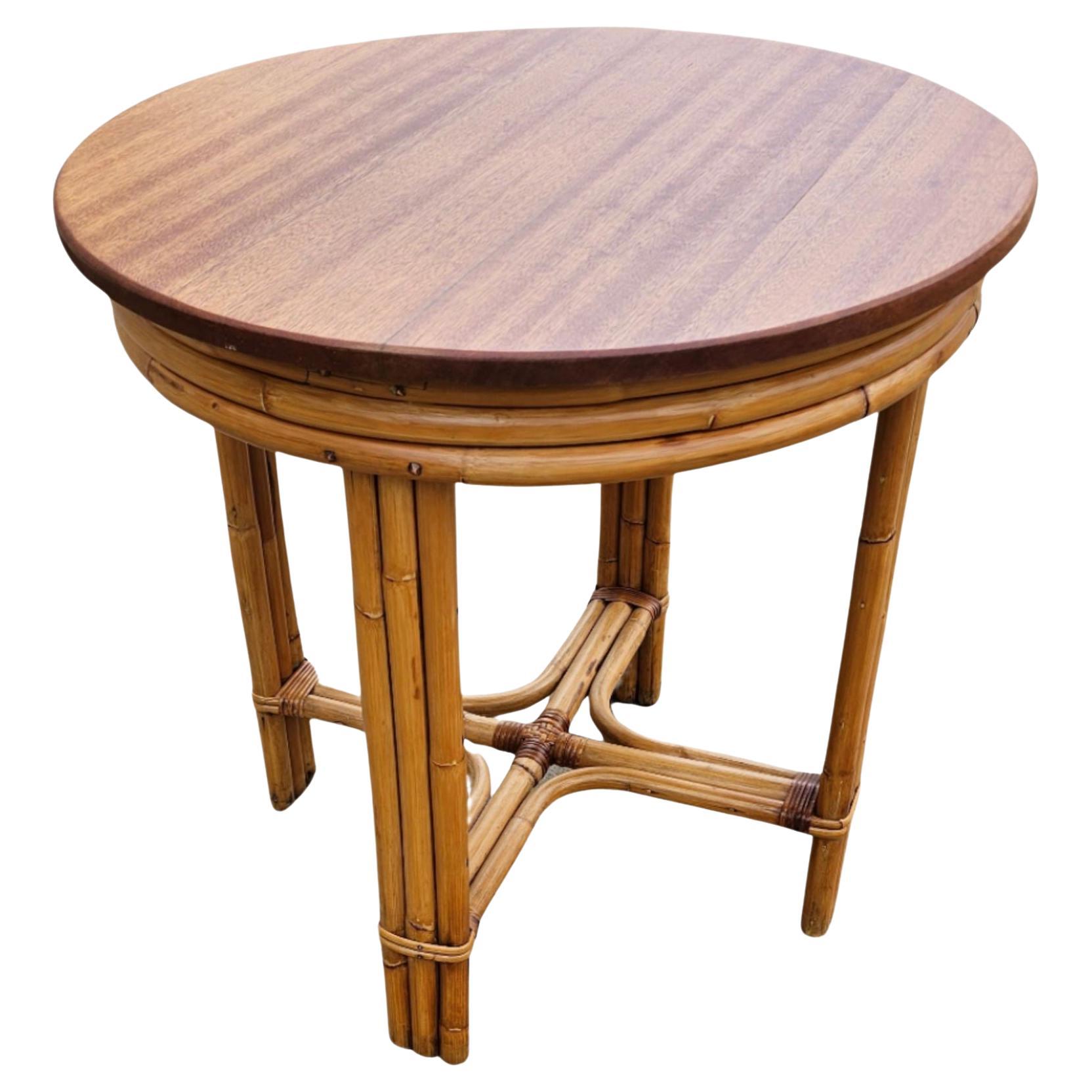 Restored Round Rattan & Mahogany 3 Strand End Table w/ Copper Nailheads For Sale