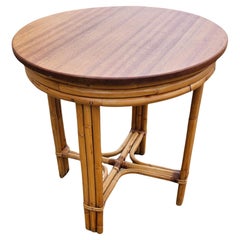 Restored Round Rattan & Mahogany 3 Strand End Table w/ Copper Nailheads
