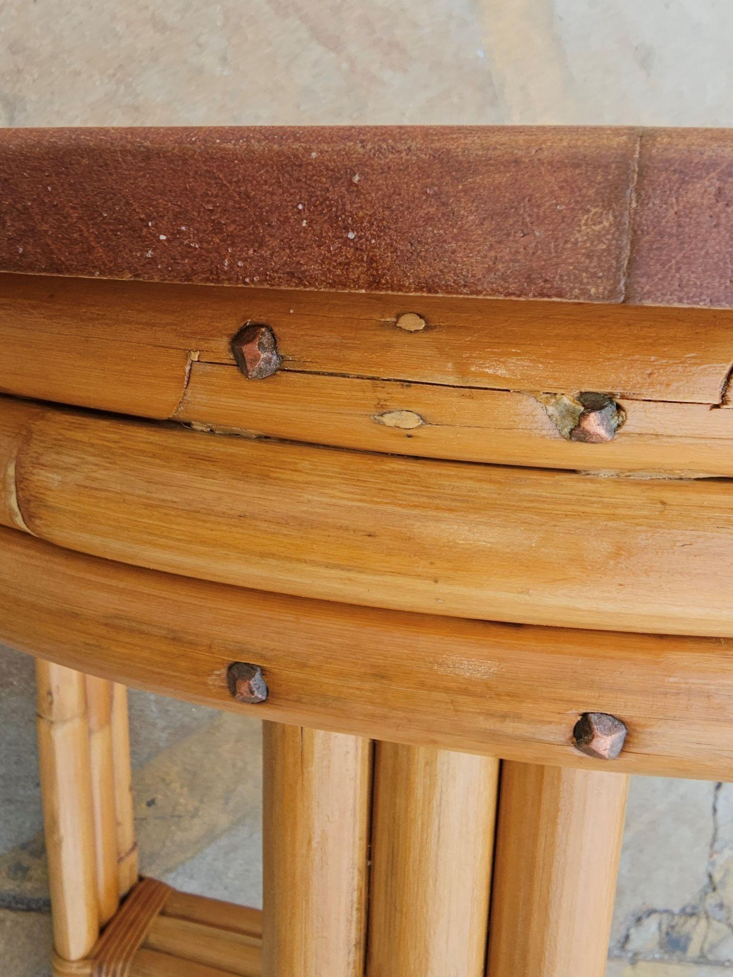 20th Century Restored Round Rattan & Mahogany 3 Strand Table w/ Copper Nailheads For Sale