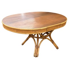 Retro Restored Round Rattan & Mahogany Dining Table W/ Leaf